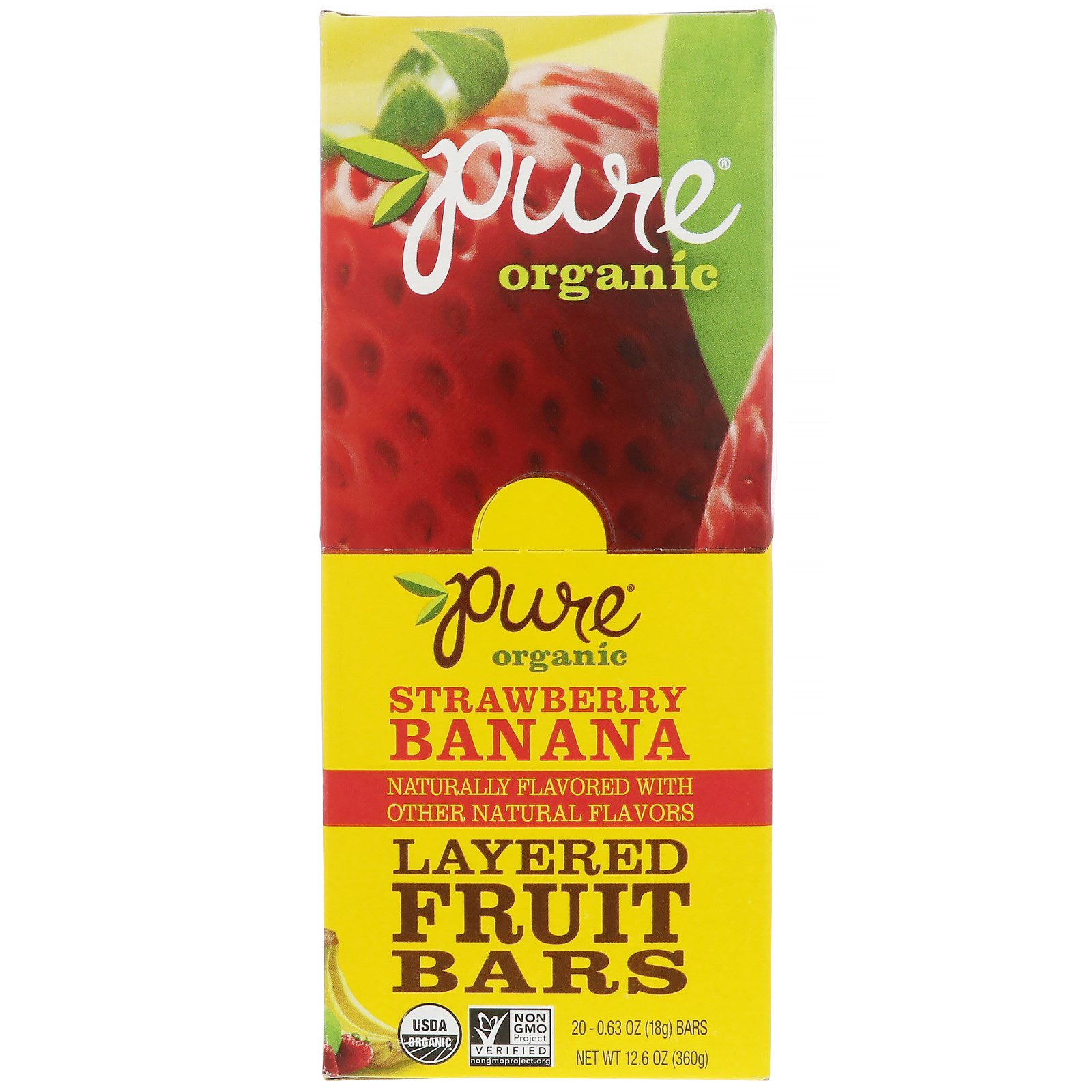 Pure Bar, Orgânico, Barras de Fruta em Camadas, Morango e Banana, 20 Barras, 18 g Cada