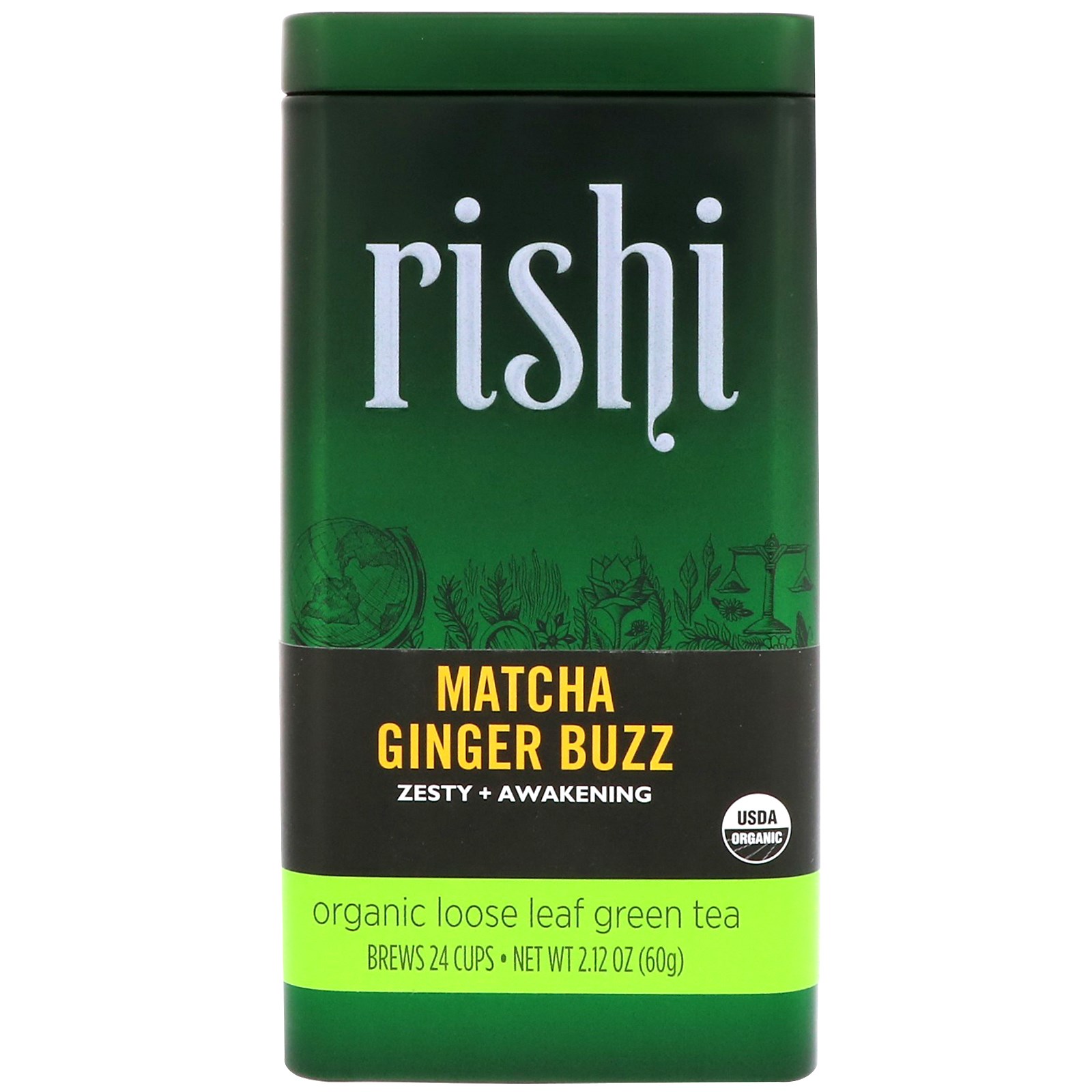 Rishi Tea, Chá verde de folhas soltas orgânico, Pó de maca com gengibre, 2.12 oz (60 g)