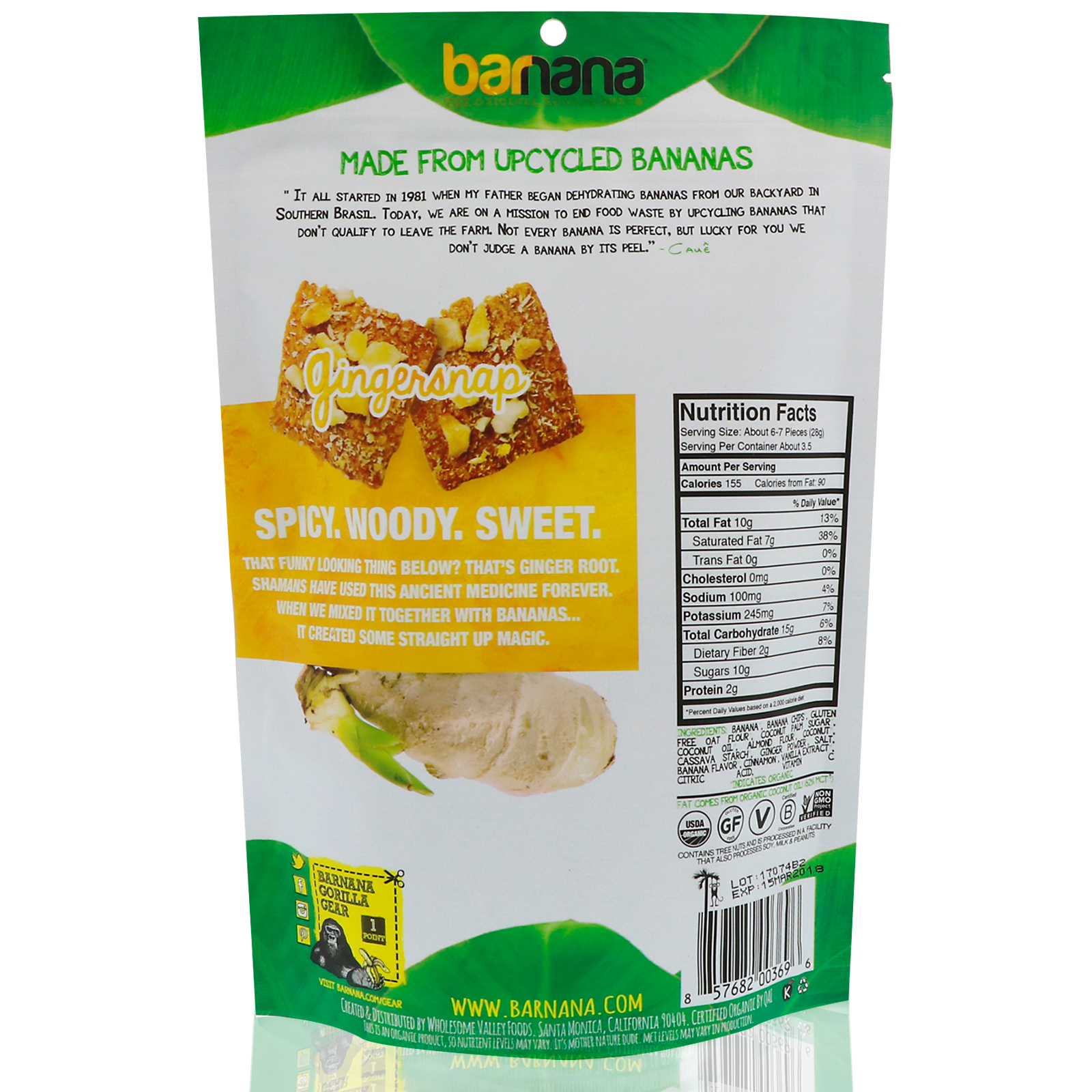 Barnana, Biscoito orgânico crocante quebradiço de banana, Gingersnap (biscoito inglês com gengibre), 3,5 onças (100 g) - Imagem 2