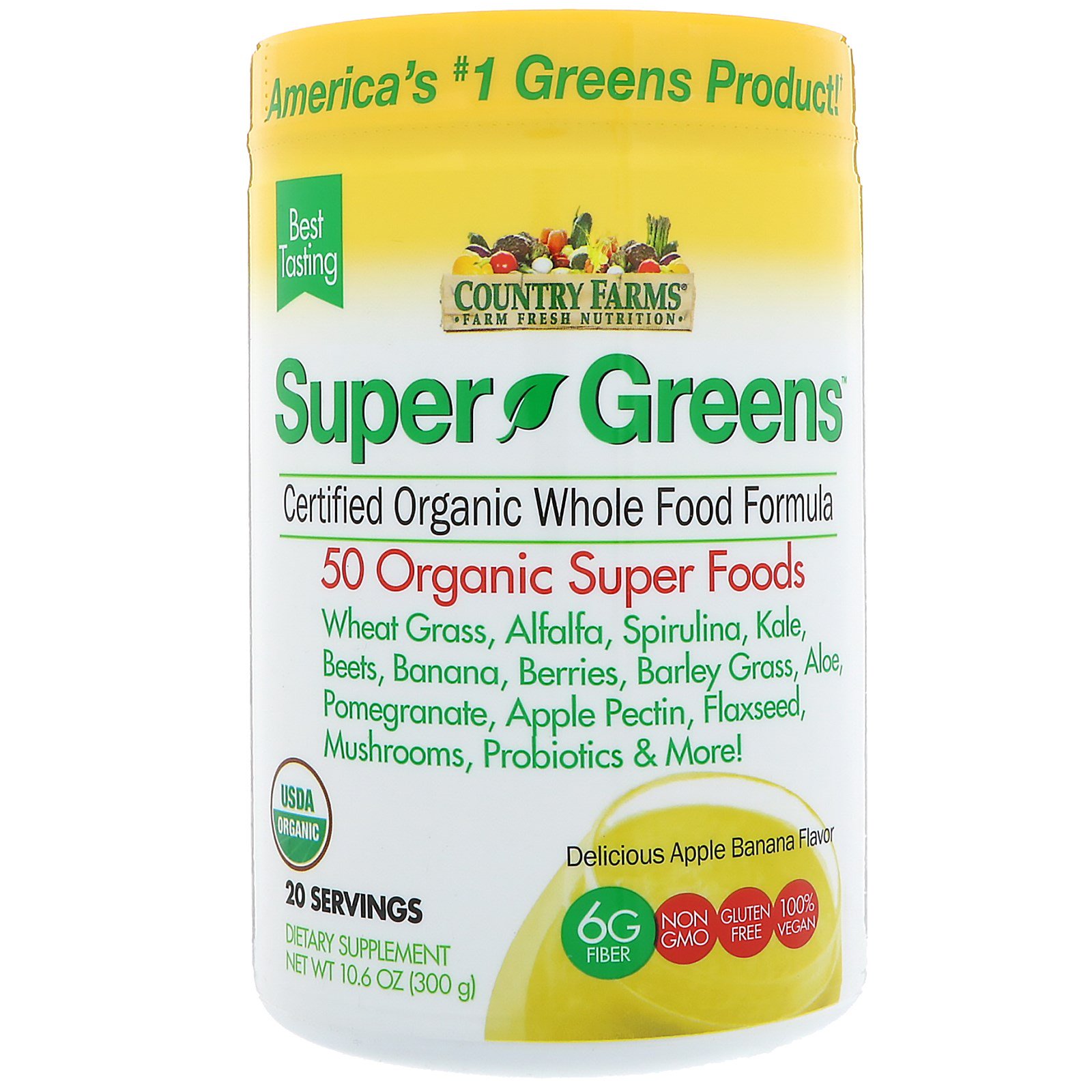 Country Farms, Super Greens, Certified Organice Whole Food Formula, Delicious Apple Banana Flavor, 10.6 oz (300 g)