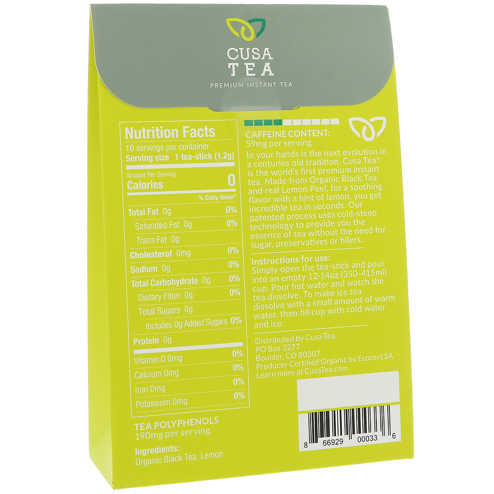 Cusa Tea, Chá preto limão, 10 Porções Individuais, 0,04 onças (1,2 g) cada - Imagem 2