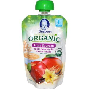 Gerber, Gerber, 2ª Refeição, Comida Orgânica para Bebês, Frutas e Grãos, Maçã, Manga com Arroz e Baunilha, 3,5 oz (99 g)