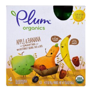 Plum Organics, Vitamina, maçã e banana, abóbora butternut, tâmara e aveia, 4 pacotes com 3,7 oz (90 g) cada