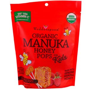 Wedderspoon, Pops de mel manuka orgânicos para crianças, framboesa, 24 contagens, 4,15 onças