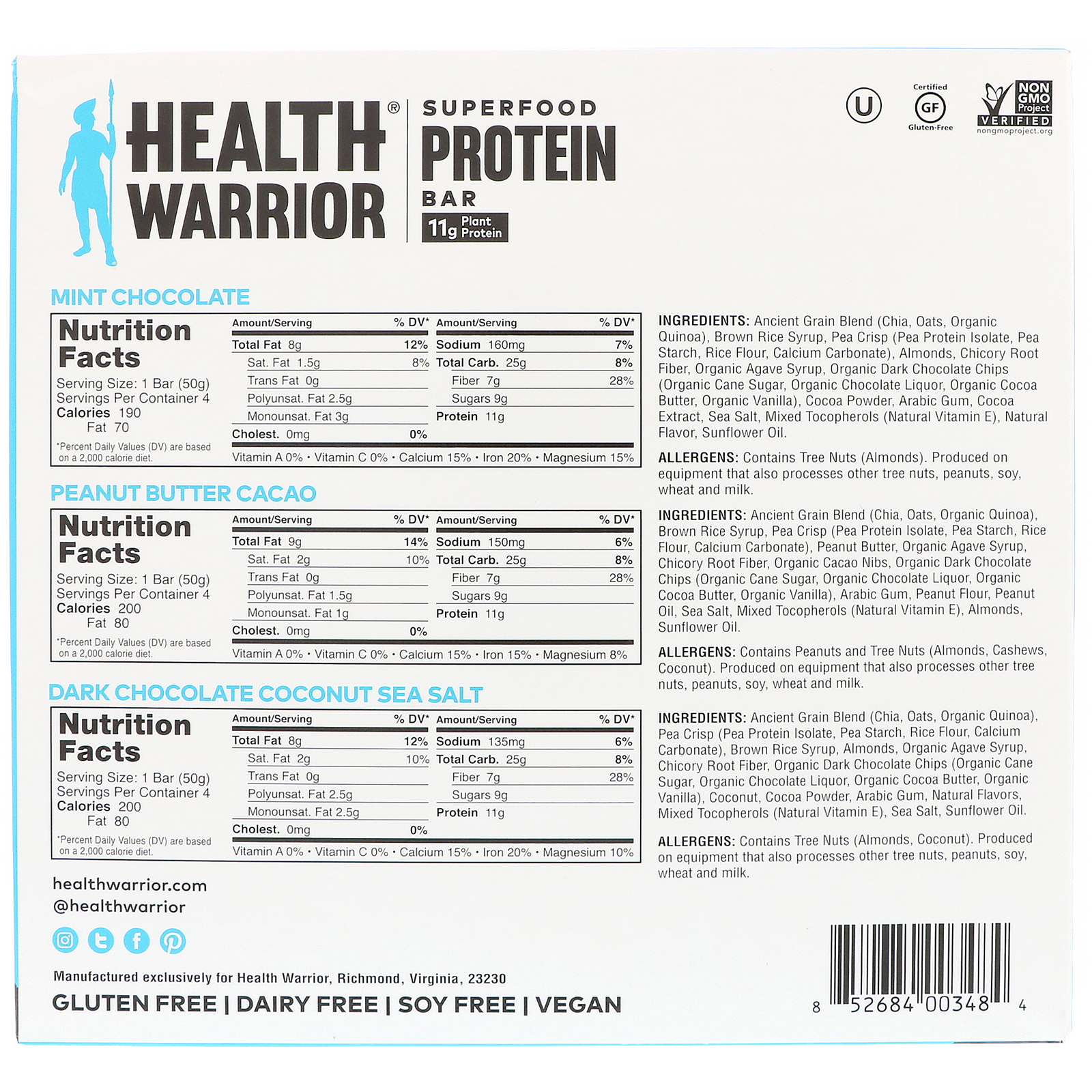 Health Warrior, Inc., Barra Proteica de Superalimentos, Pacote Variado de Chocolate, 12 barras, 1,76 onças (50 g) cada uma - Imagem 2