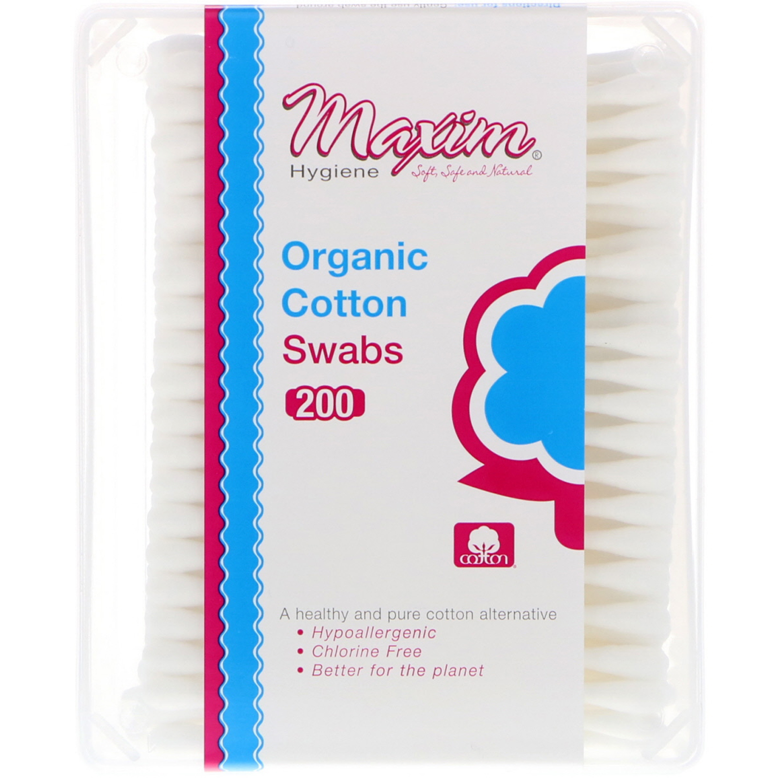 Maxim Hygiene Products, Cotonetes de algodão orgânico, 200 unidades
