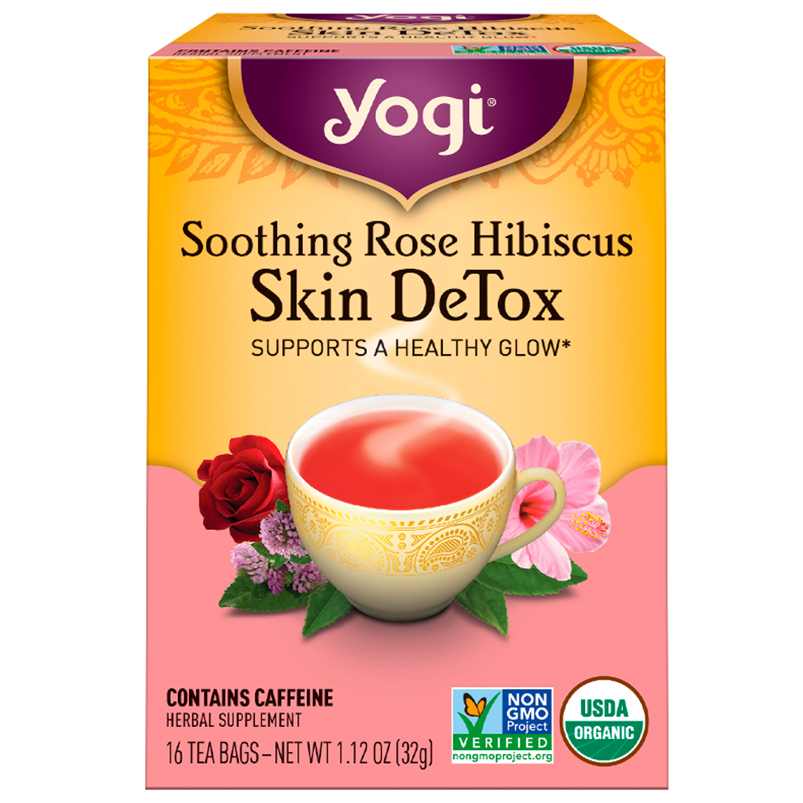Yogi Tea, Skin DeTox, Rose Hibiscus Calmante, 16 sachês de chá, 1,12 oz (32 g)