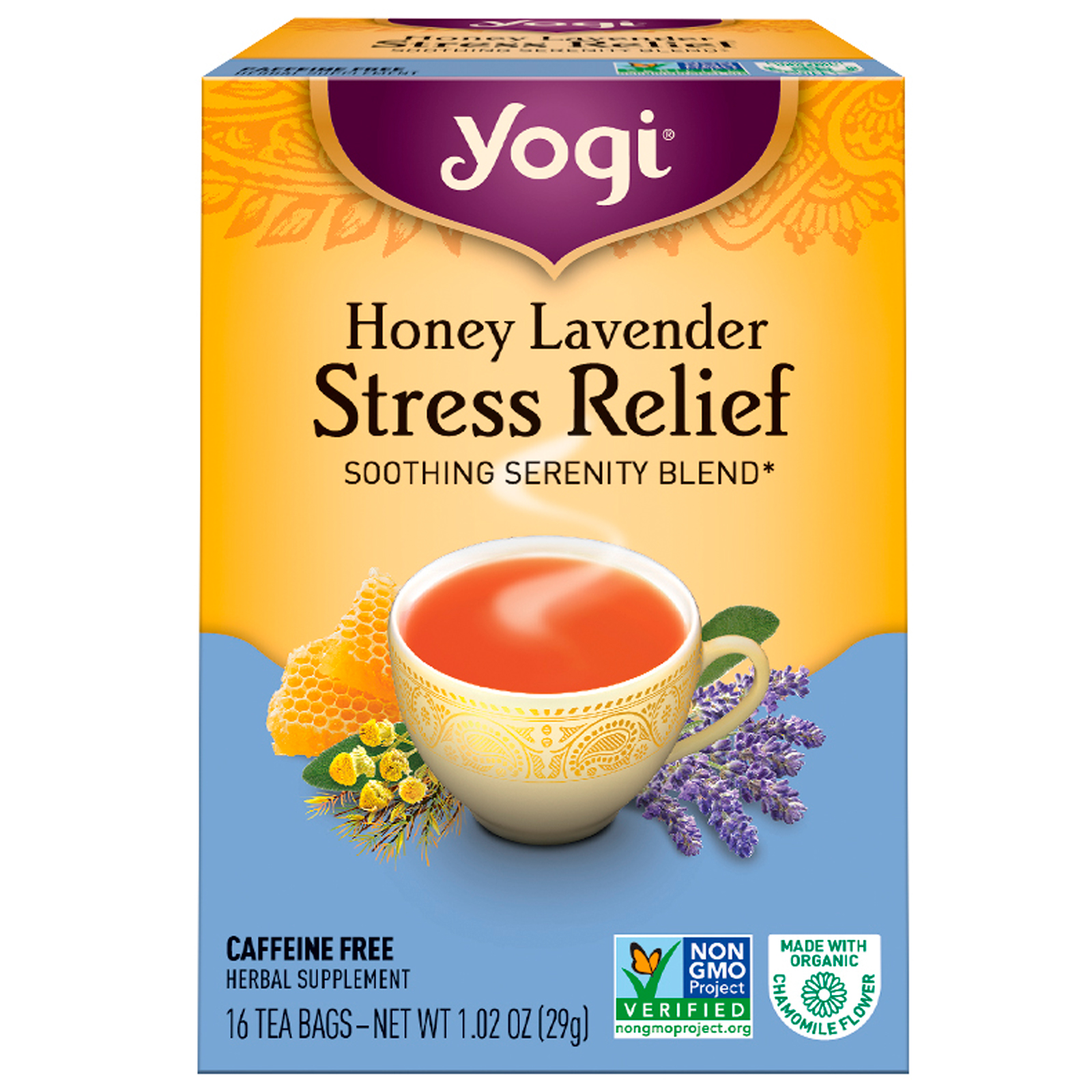 Yogi Tea, Alívio do Estresse com Mel e Lavanda, Sem cafeína, 16 saquinhos de chá, 1.02 oz (29 g)