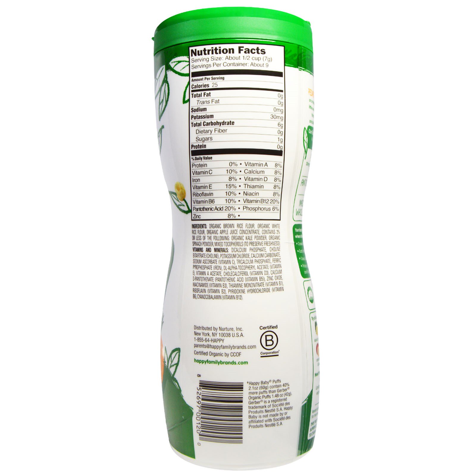 Nurture Inc. (Happy Baby), Superfood Puffs orgânicos, vegetais, futas e cereais, couve e espinafre, 60 g - Imagem 2