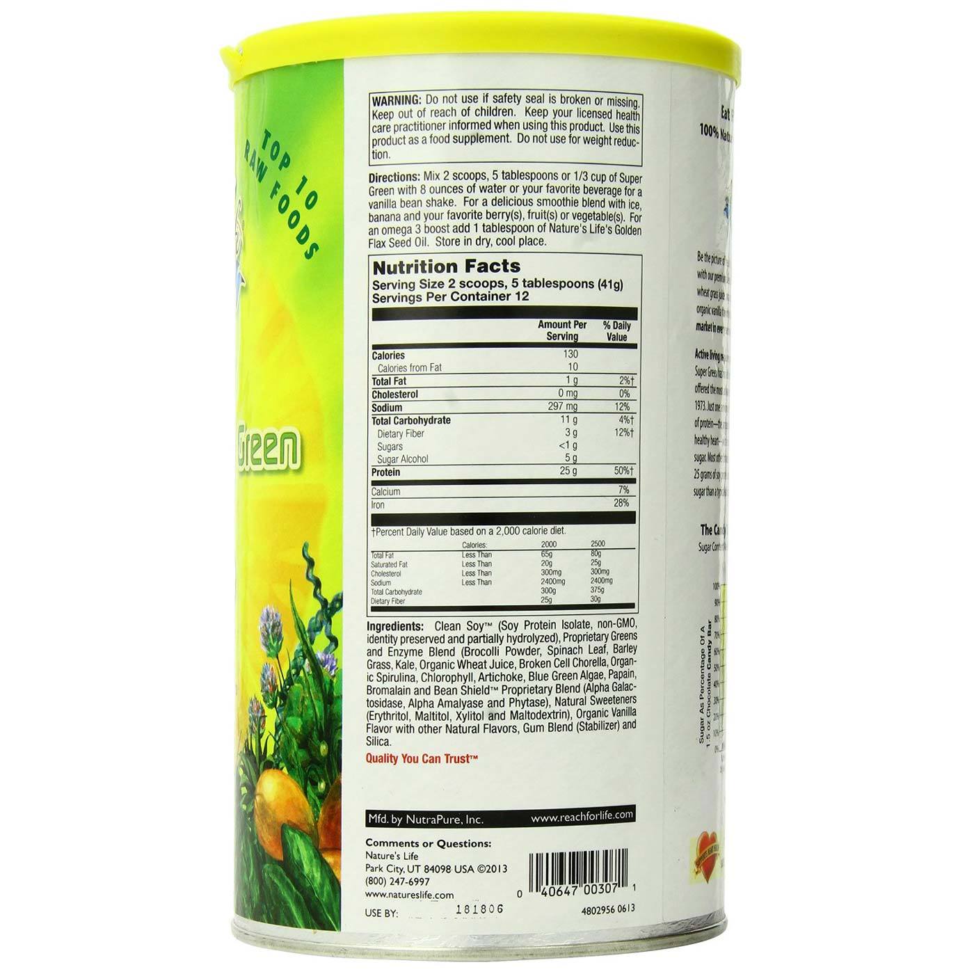 Nature's Life Super Verde Pro-96 Proteína de Soja Vanilla Bean 492 g - Imagem 2