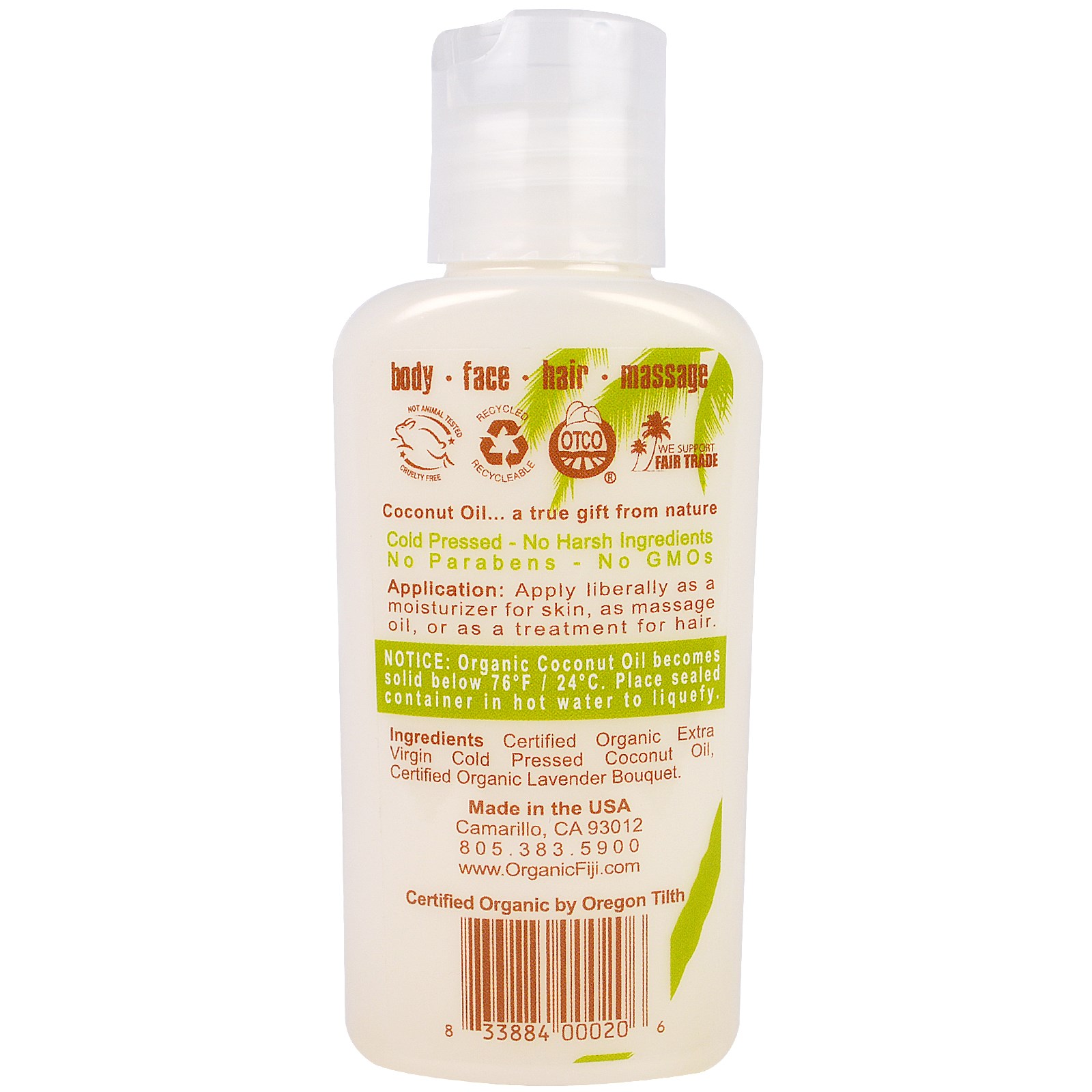 Organic Fiji, Óleo Natural Orgânico, Óleo de Coco Extraído a Frio, Lavanda, 89ml - Imagem 2