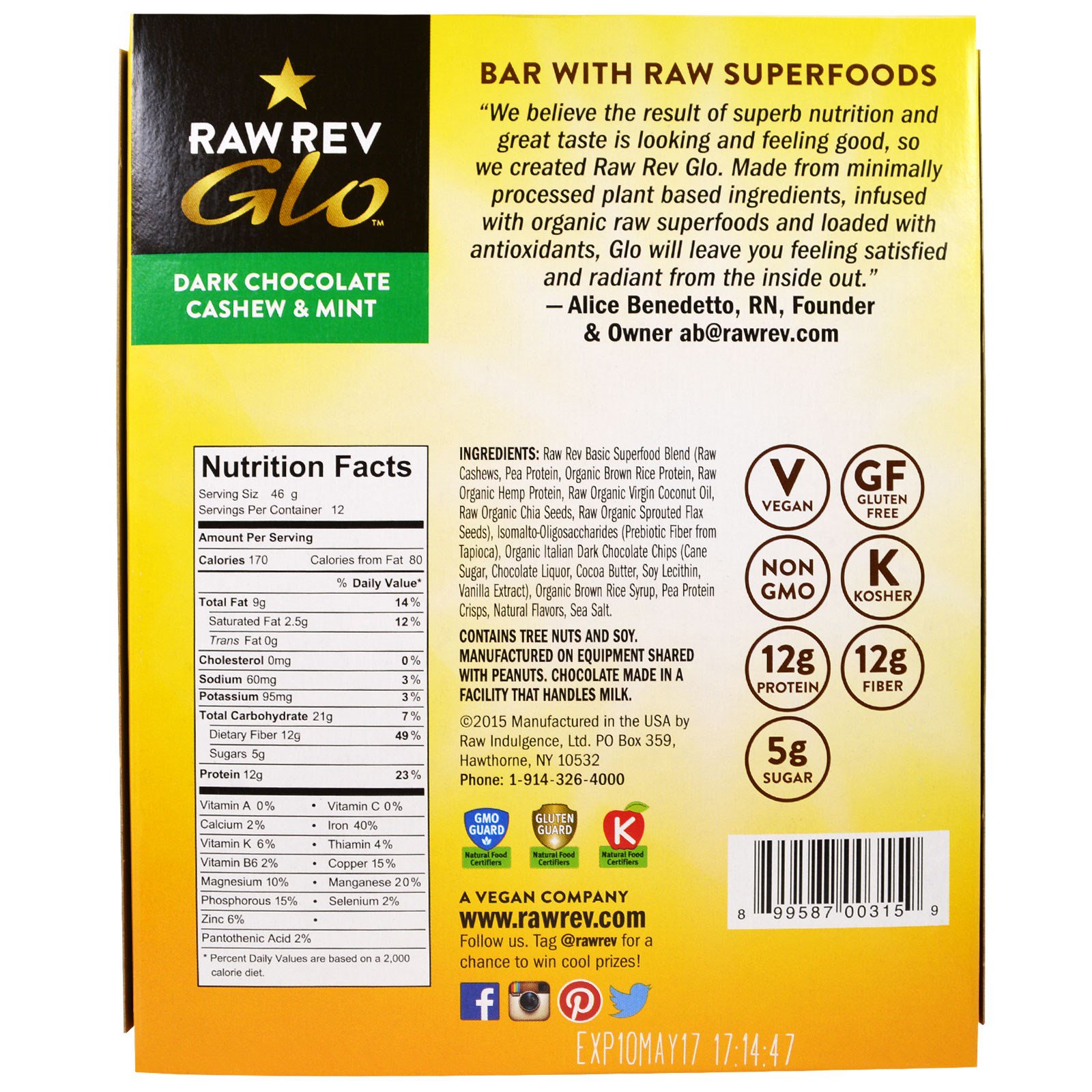 Raw Revolution, Glo, Chocolate Meio-Amargo, Castanha de Caju e Menta, 12 Barras, 1,6 oz (46 g) cada - Imagem 2