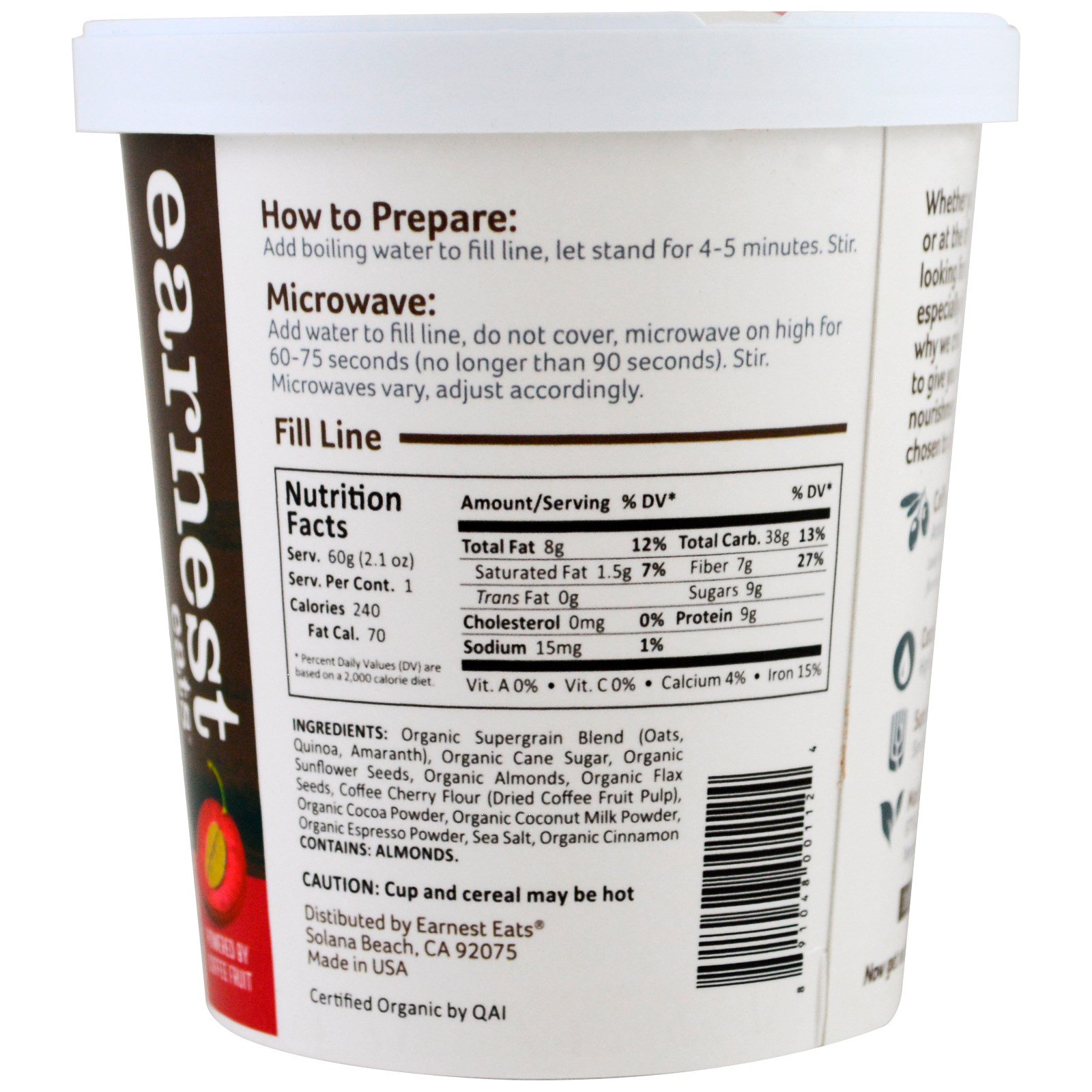 Earnest Eats, Cereal Energético Quente, Noz de Chocolate, 60 g (2,1 oz) - Imagem 2