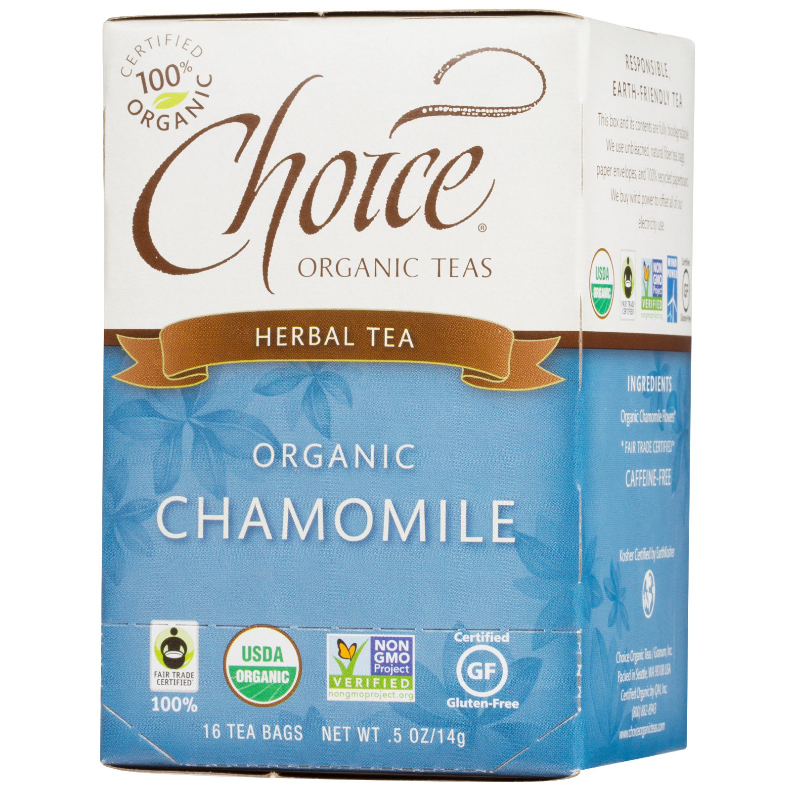 Choice Organic Teas, Chá Herbal Orgânico, Camomila, Sem Cafeína, 16 Saquinhos, 0,5 oz (14 g)