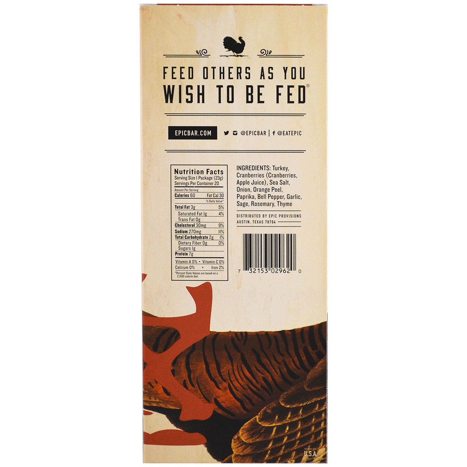 Epic Bar, Tirinha de Peru, Oxicoco e Sálvia, 20 Tirinhas, 23 g cada - Imagem 2