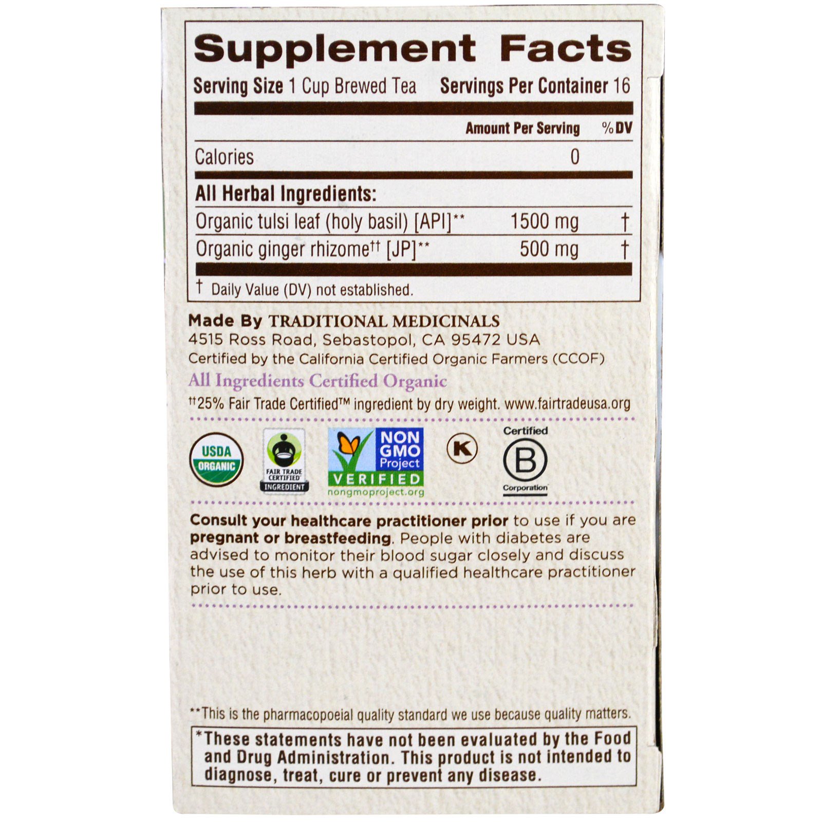 Traditional Medicinals, Tulsi Orgânico com Gengibre, 16 Saquinhos de Chá, 1,13 oz (32 g) - Imagem 2