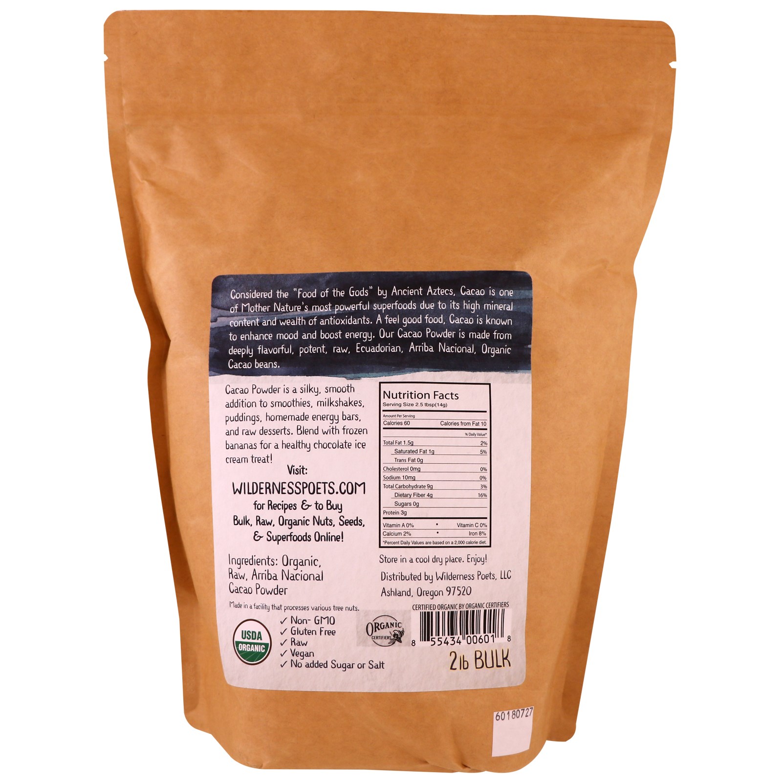 Wilderness Poets, Arriba Nacional, Cacao Powder, Theobroma Cacao, 32 oz (907.2 g) - Imagem 2