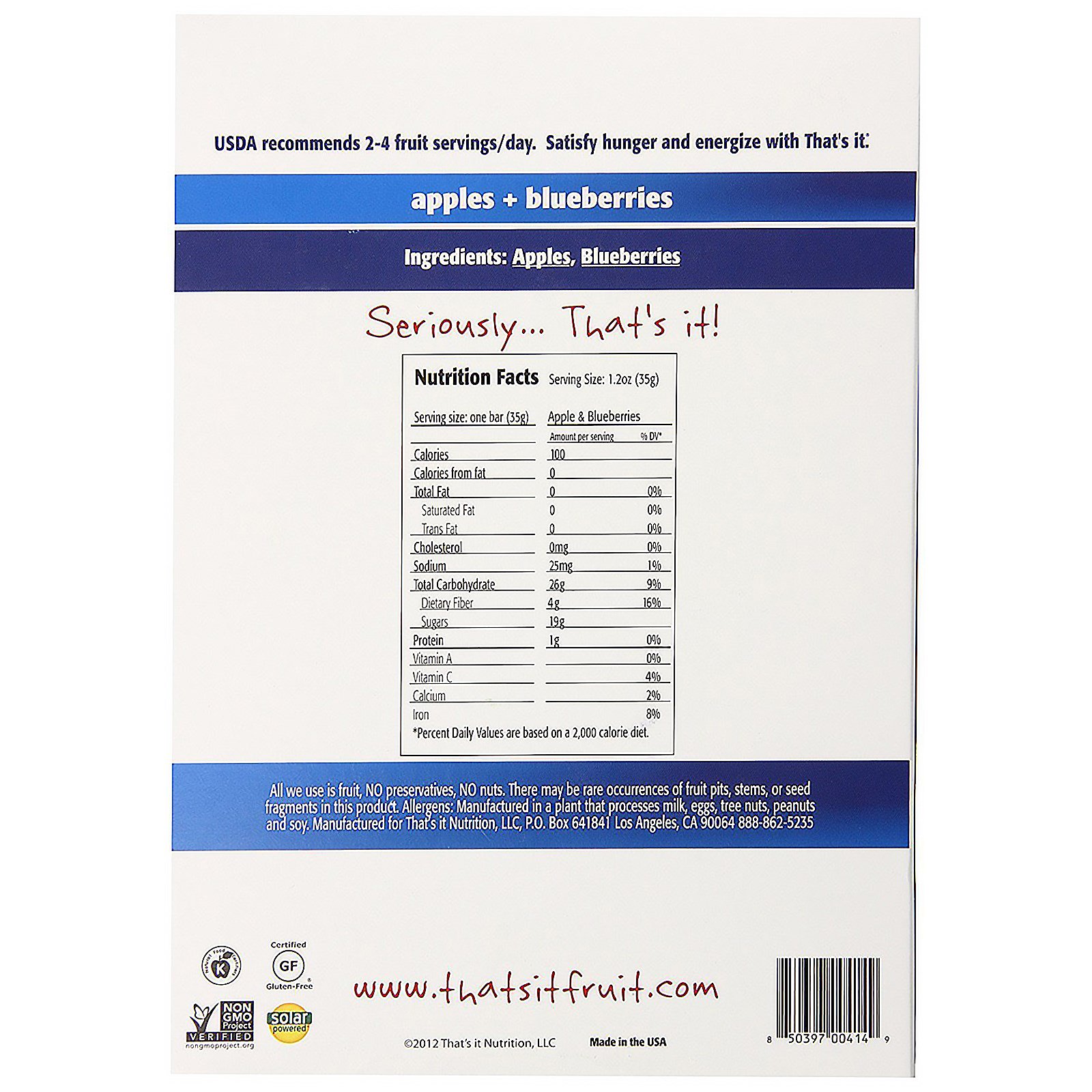 That's It, Barras de Frutas, Maçãs + Mirtilos, 12 Barras, 1,2 onças (420 g) cada - Imagem 2
