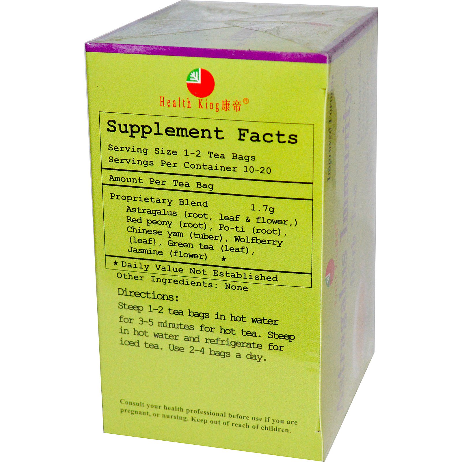 Health King, Chá Herbáceo de Astragalo para a Imunidade, 20 Saquinhos, 34 g (1,2 oz) - Imagem 2