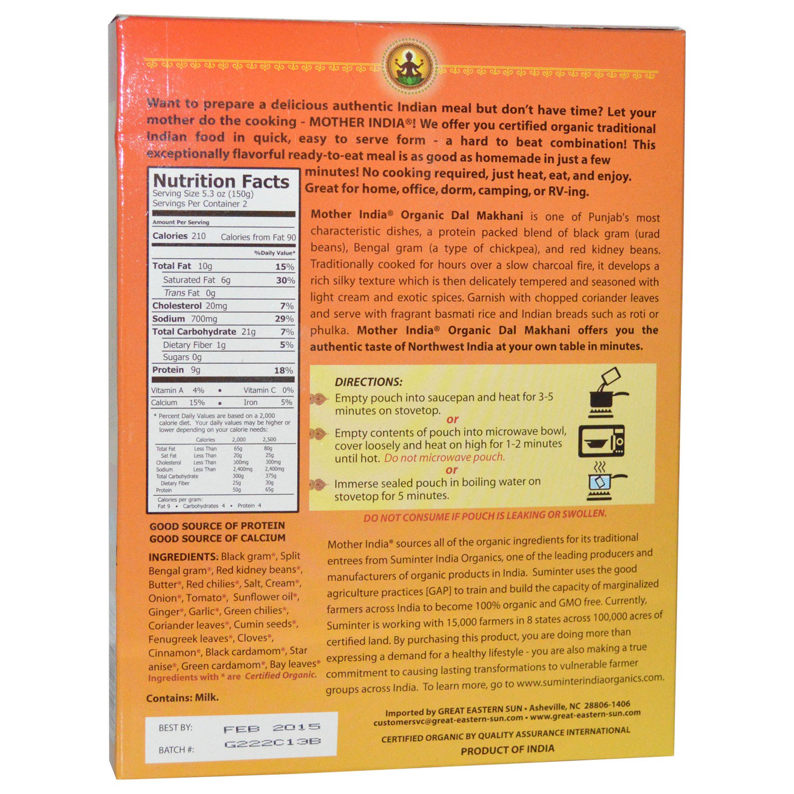 Great Eastern Sun, Mother India Organics, Dal Makhani, Meio Picante, 10,6 oz (300 g) - Imagem 2