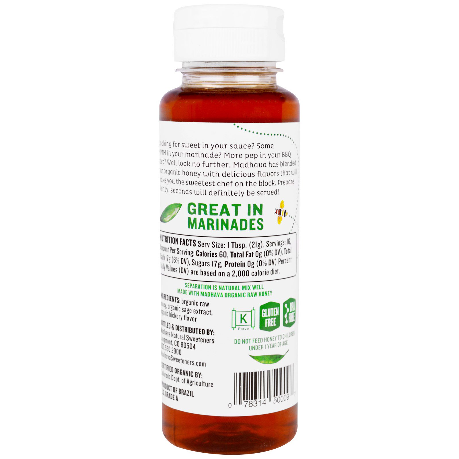 Madhava Natural Sweeteners, Mel Orgânico de Cozinhar, Nogueira Amarga Salgada, 340 g - Imagem 2