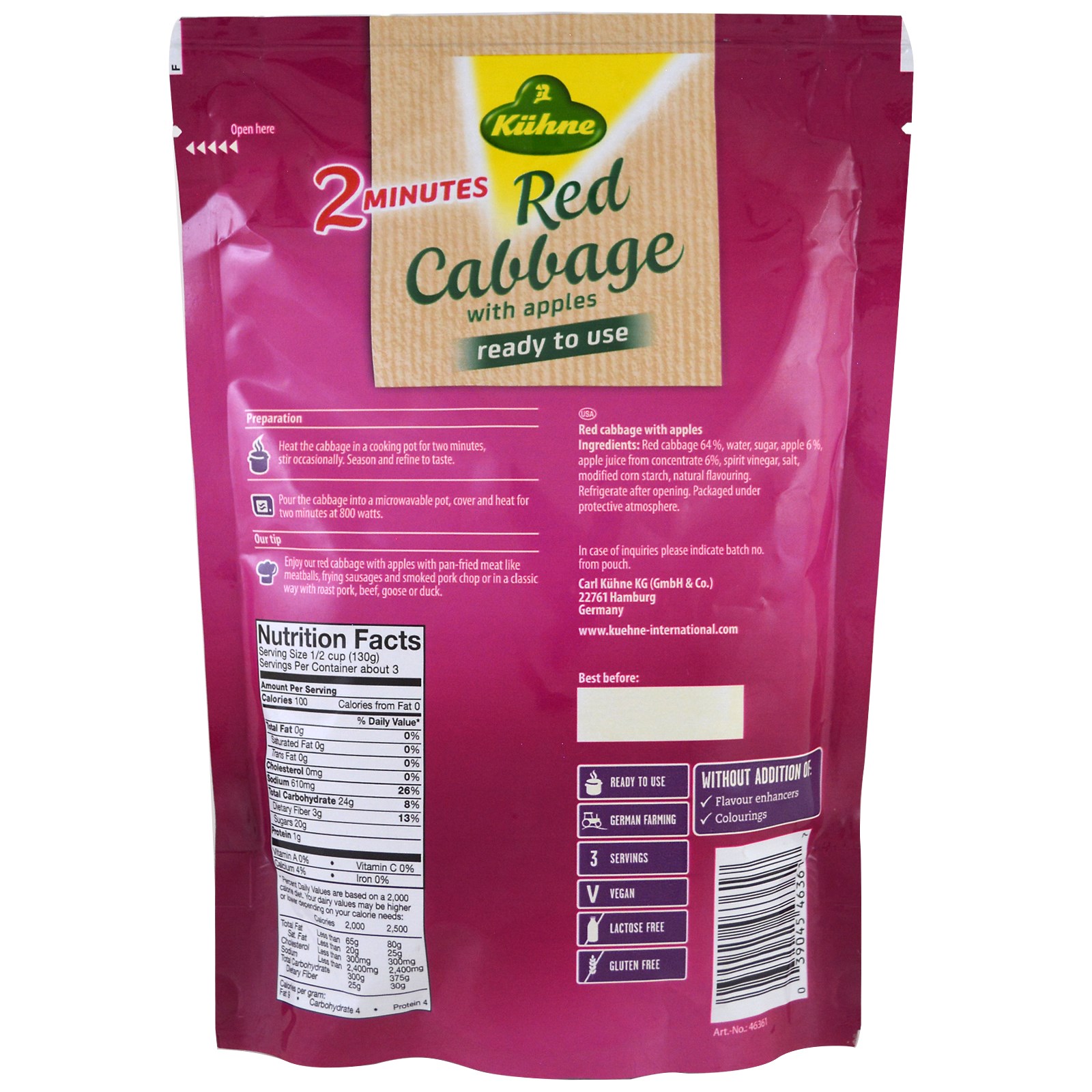 Kuhne, Pronto para consumo, repolho roxo com maçã, 400 g - Imagem 2