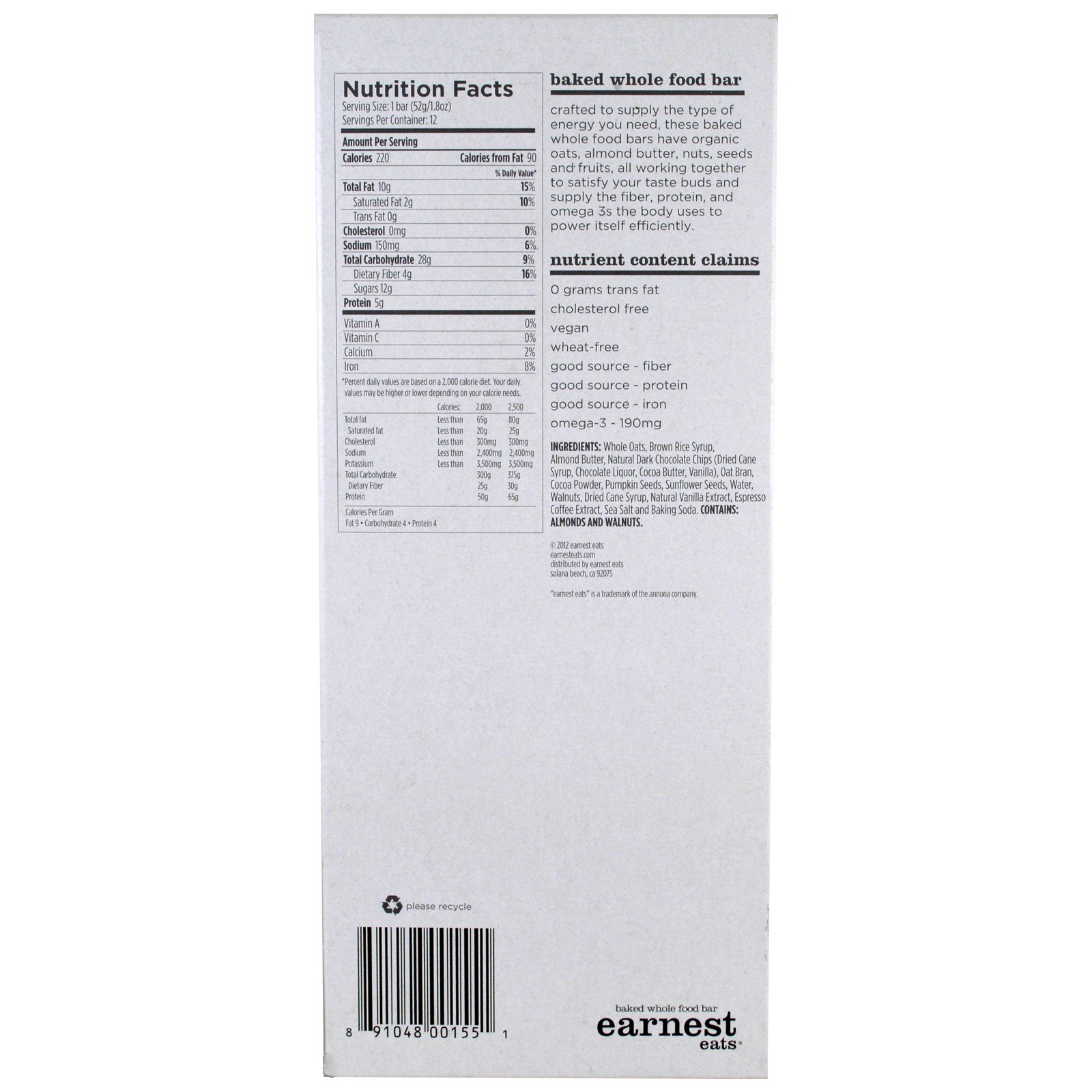 Earnest Eats, Barras Integrais Assadas, Choco Espresso Duplo, 12 Barras, 52 g (1,8 oz) Cada - Imagem 2