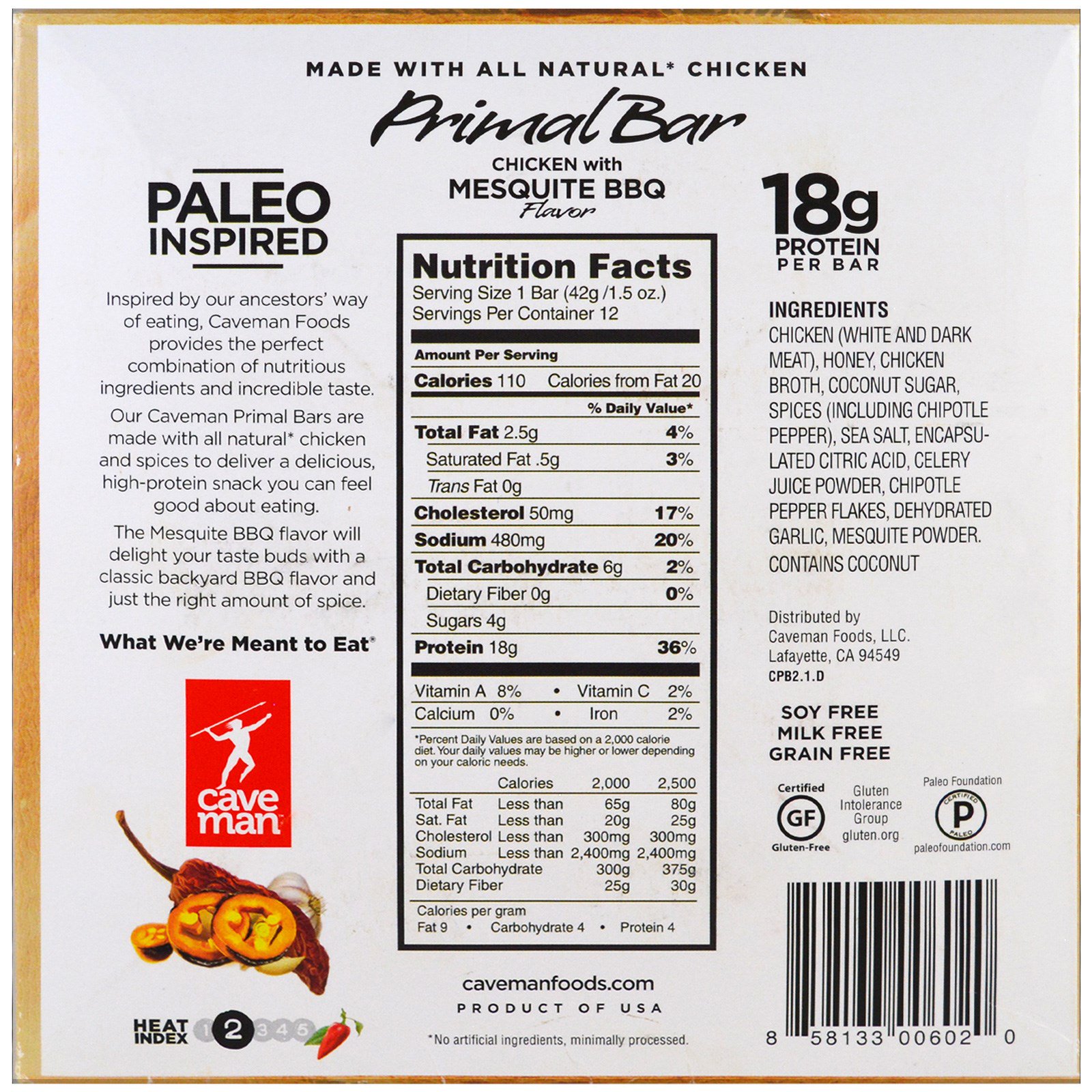 Caveman Foods, Primal Bar, Chicken with Mesquite BBQ Flavor, 12 Bars, 1.5 oz (42 g) Each - Imagem 2