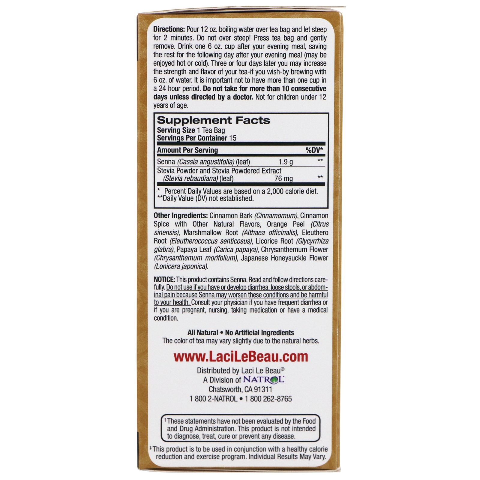 Natrol, Laci Le Beau, super chá para dietas, aroma de canela, 15 sachês de chá, 1,32 oz (38 g) - Imagem 2