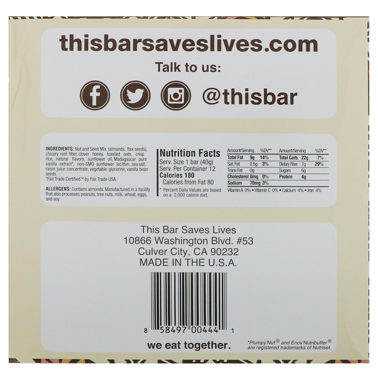 This Bar Saves Lives, LLC, Baunilha de Madagascar, Amêndoa e Mel, 12 Barras, 1,4 oz (40 g) Cada - Imagem 2