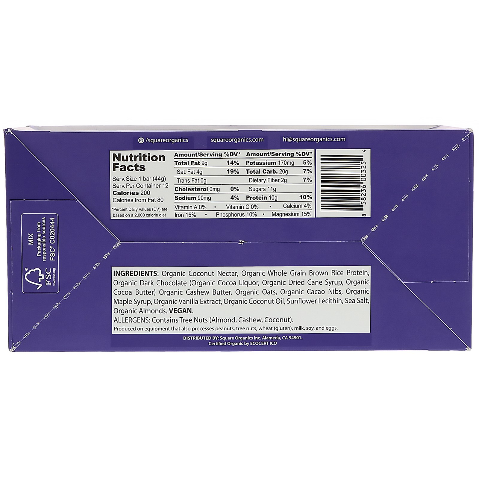 Square Organics, Barra de Proteína Orgânica, massa de biscoito com cobertura de chocolate, 12 Barras, 1,6 onças (44 g) cada - Imagem 2