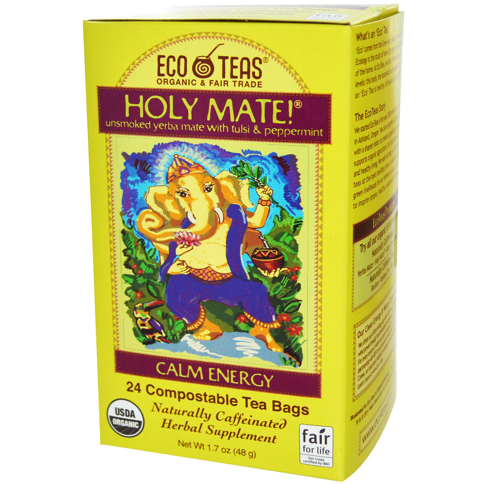 Eco Teas, Holy Mate!, Tranquilidade e Energia, Chá Mate Não Defumado com Tulsi & Hortelã-Pimenta, 24 Sachês, 1.7 oz (48 g)