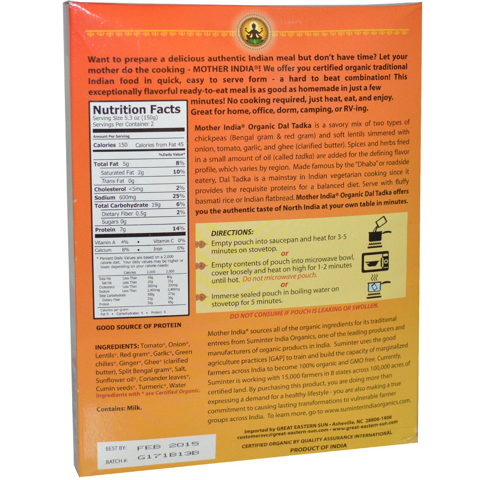 Great Eastern Sun, Mother India Organics, Dal Tadka, Levemente Picante, 10,6 oz (300 g) - Imagem 2