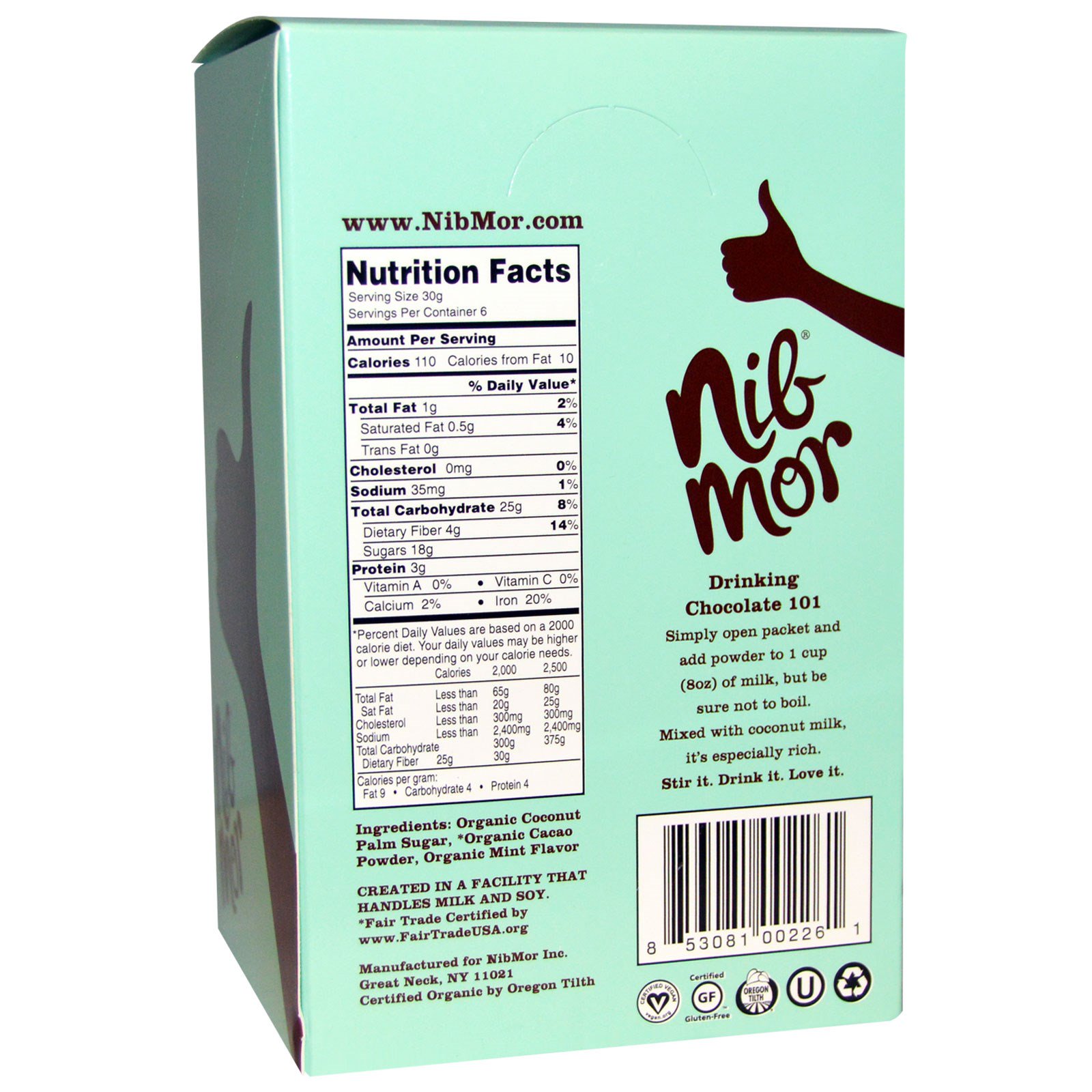 Nibmor, Chocolate Com Menta Orgânico Em Pó Para Bebidas, 6 Sachês, 1,05 oz (30 g) Cada - Imagem 2