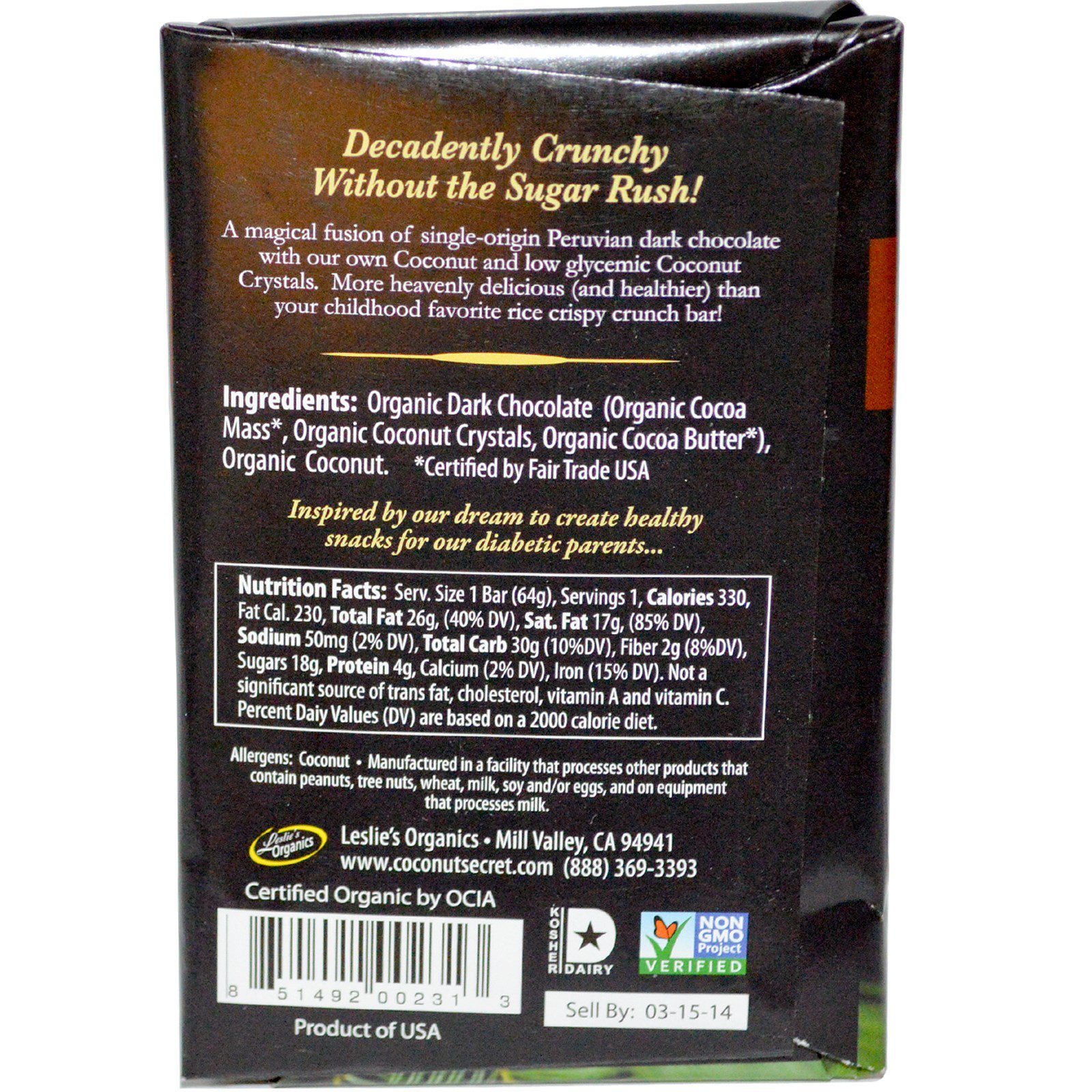 Coconut Secret, Crocante do Peru orgânico, chocolate amargo e coco torrado, 2,25 oz (64 g) - Imagem 2