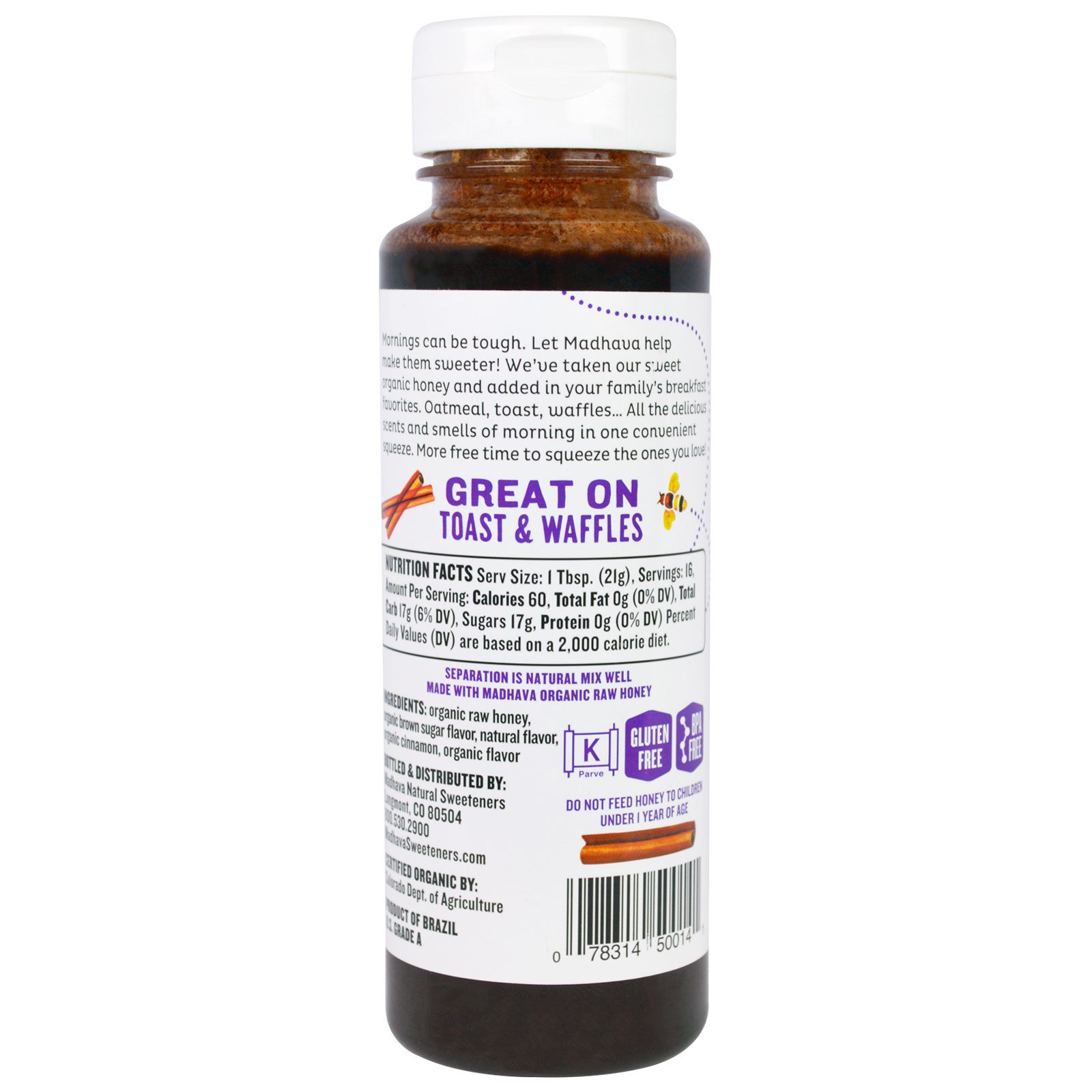 Madhava Natural Sweeteners, Mel Orgânico de Café da Manhã, Açúcar Mascavo e Canela, 340 g - Imagem 2