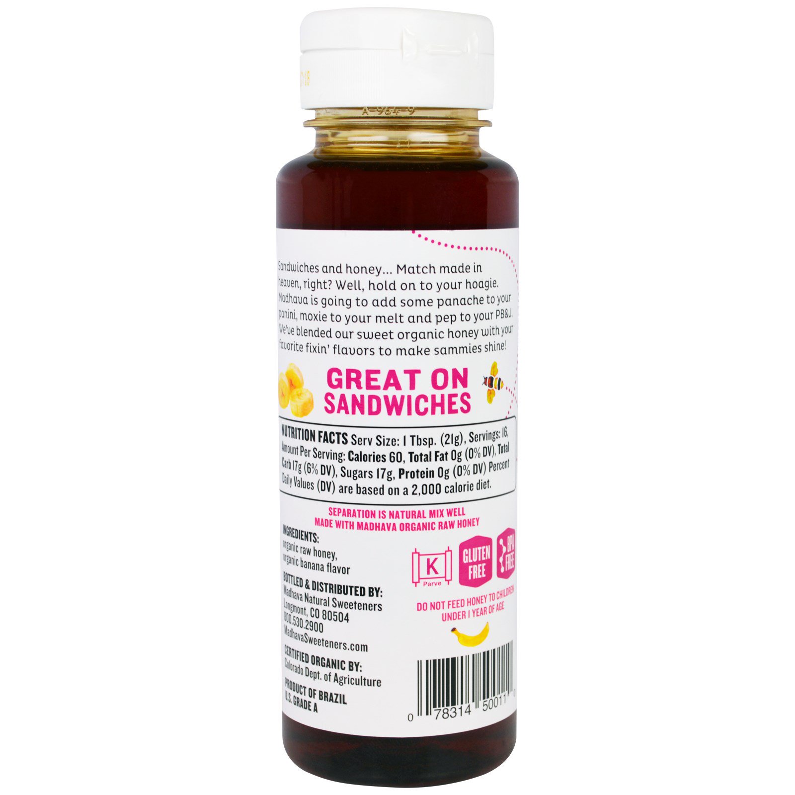 Madhava Natural Sweeteners, Mel Orgânico de Sanduíches, Banana Bliss, 340 g - Imagem 2