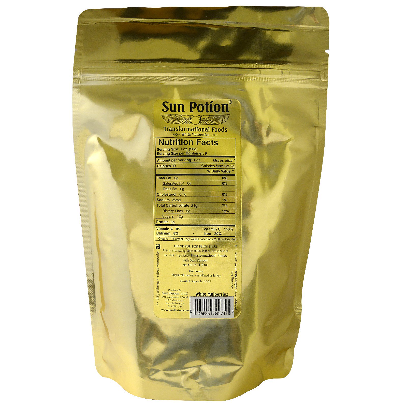 Sun Potion, Mulberries Orgânicos Brancos Turcos Seco ao Sol, 250 g - Imagem 2