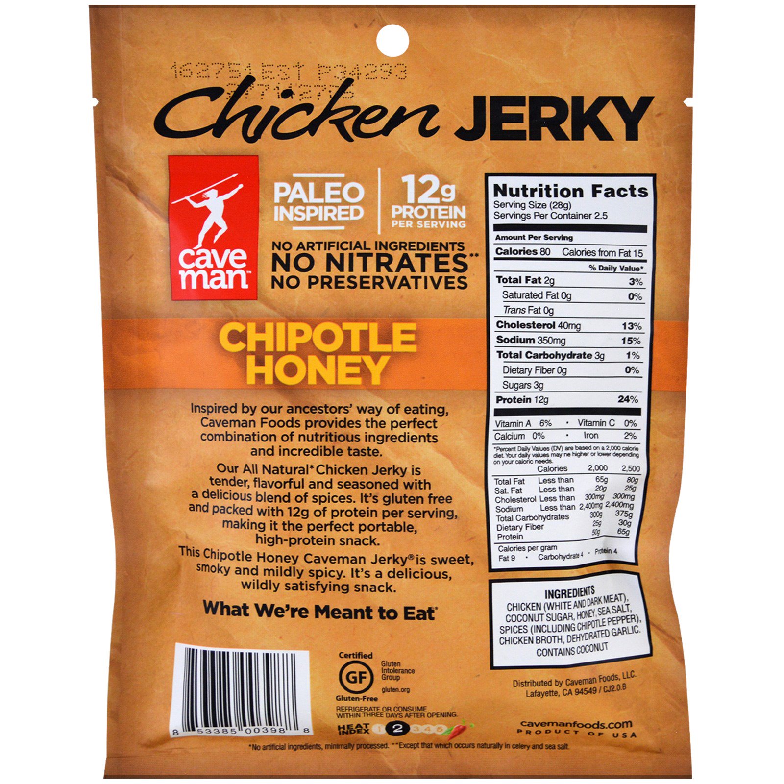 Caveman Foods, Jerky, Chipotle Honey Chicken, 2.5 oz (71 g) - Imagem 2