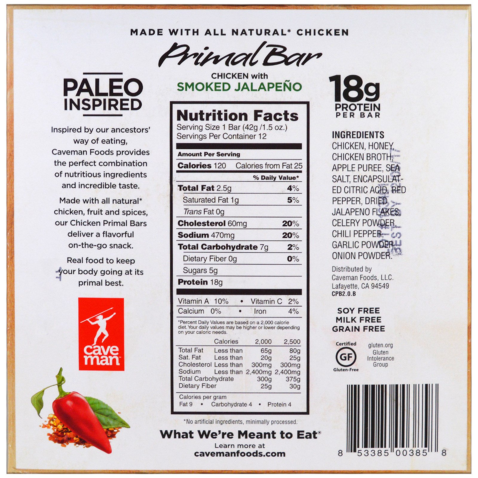 Caveman Foods, Primal Bar, Chicken with Smoked Jalapeno, 12 Bars, 1.5 oz (42 g) Each - Imagem 2