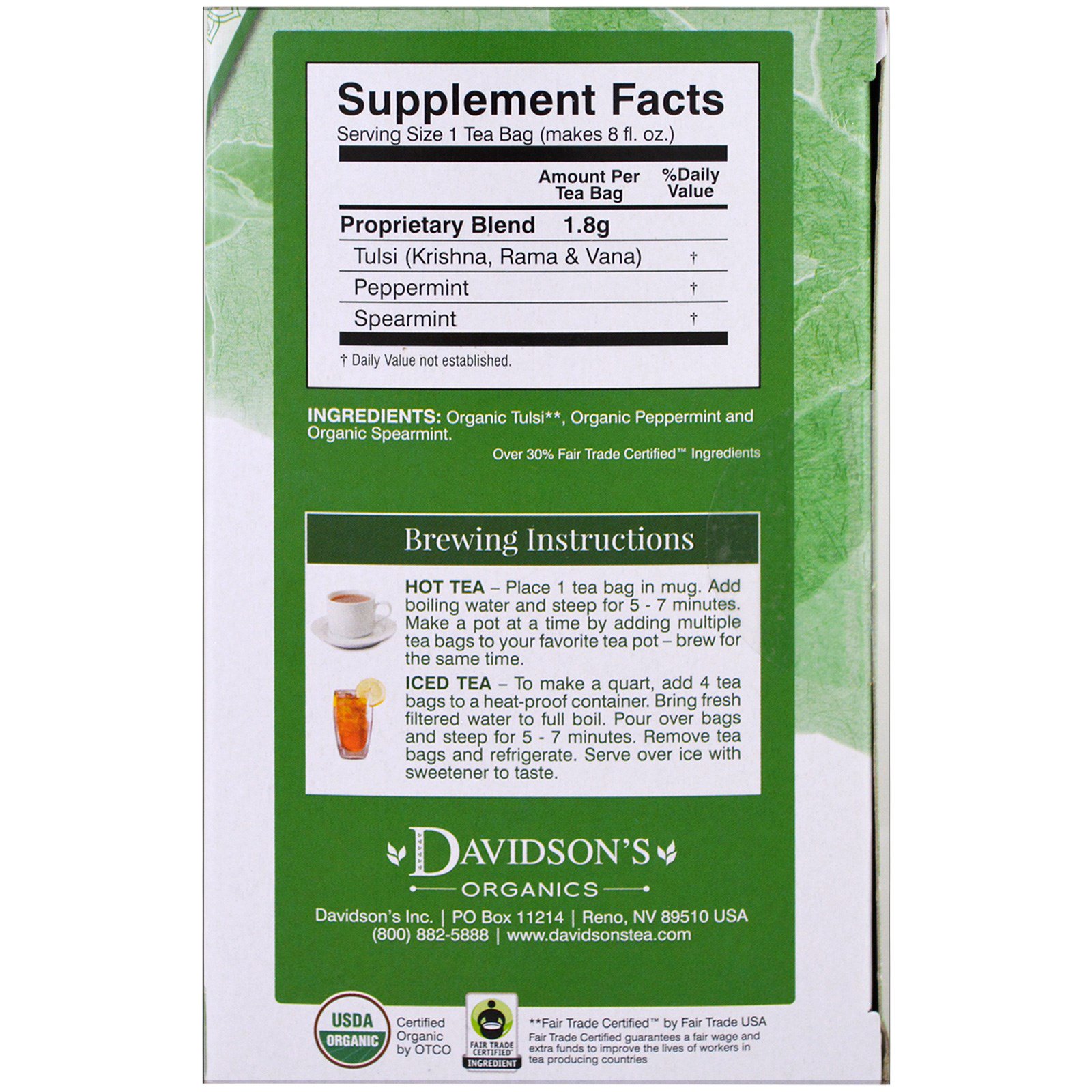 Davidson's Tea, Tulsi, Organic Mellow Mint, 25 Tea Bags, 1.58 oz (45 g) - Imagem 2