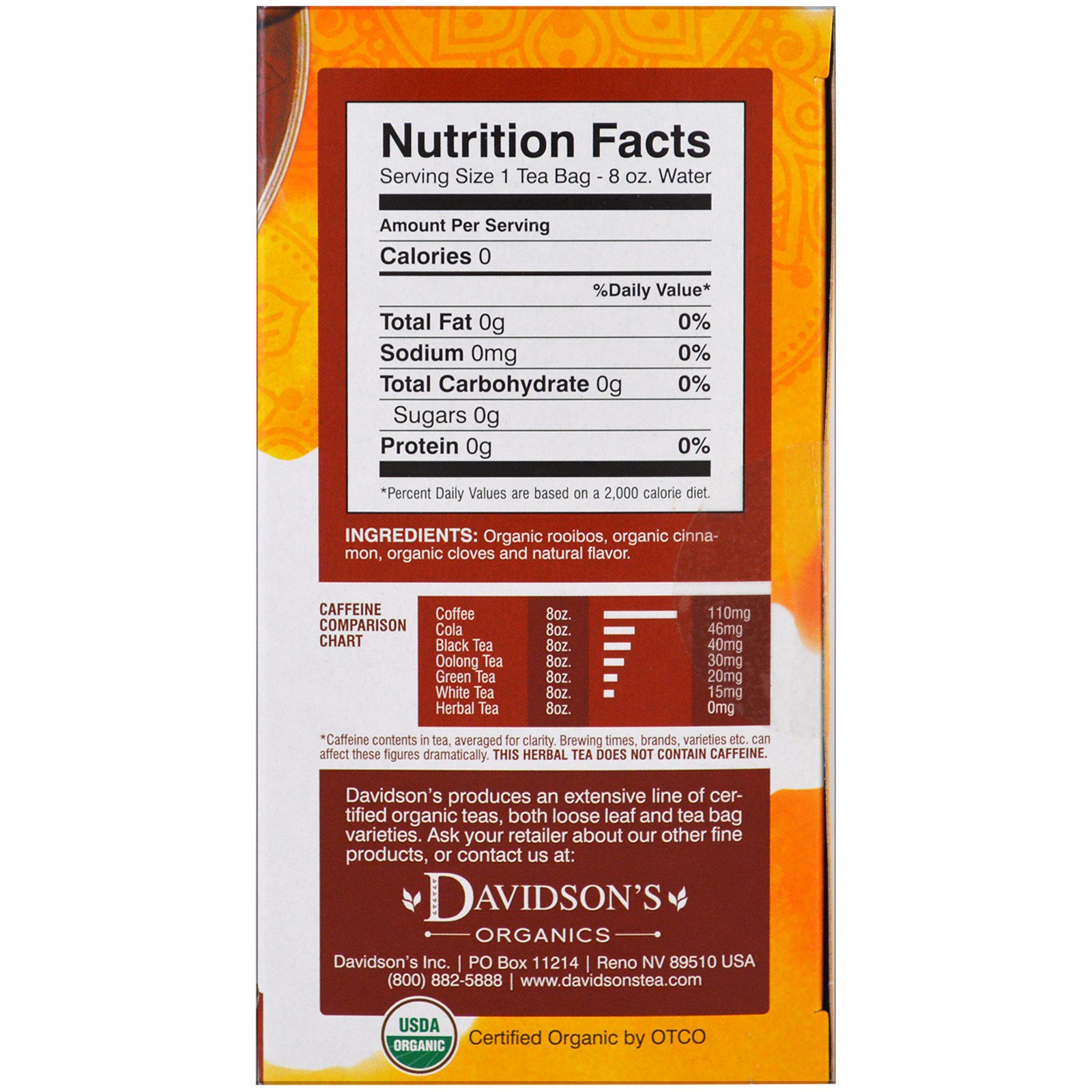 Davidson's Tea, Orgânico, Chai de Rooibos com Especiarias, Sem Cafeína, 25 Saquinhos, 40 g - Imagem 2