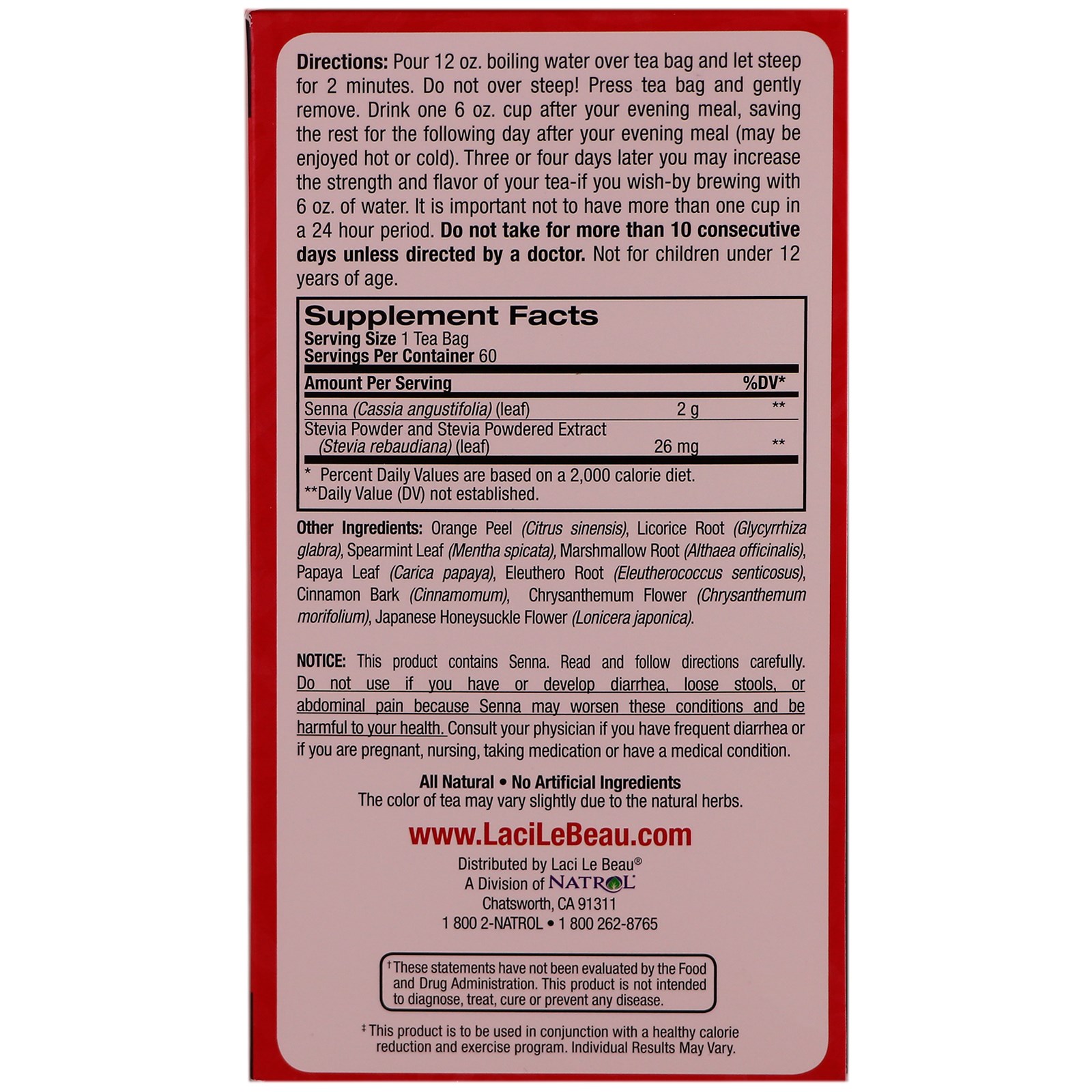 Natrol, Laci Le Beau, Chá Super Dietético, Vegetais Naturais, 60 saquinhos de chá, 150 g (5.26 oz) - Imagem 2