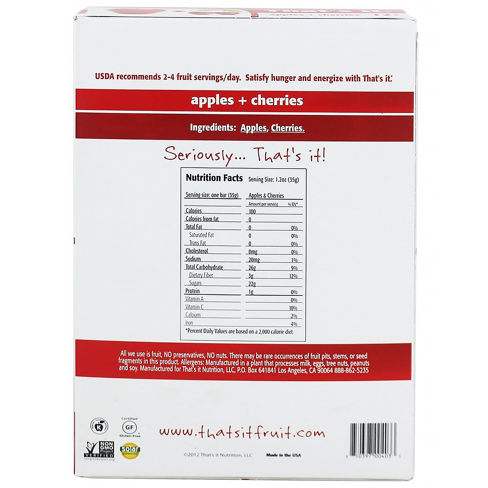 That's It, Barras de Frutas, Maçãs + Cerejas, 12 Barras, 1,2 onças (420 g) cada - Imagem 2