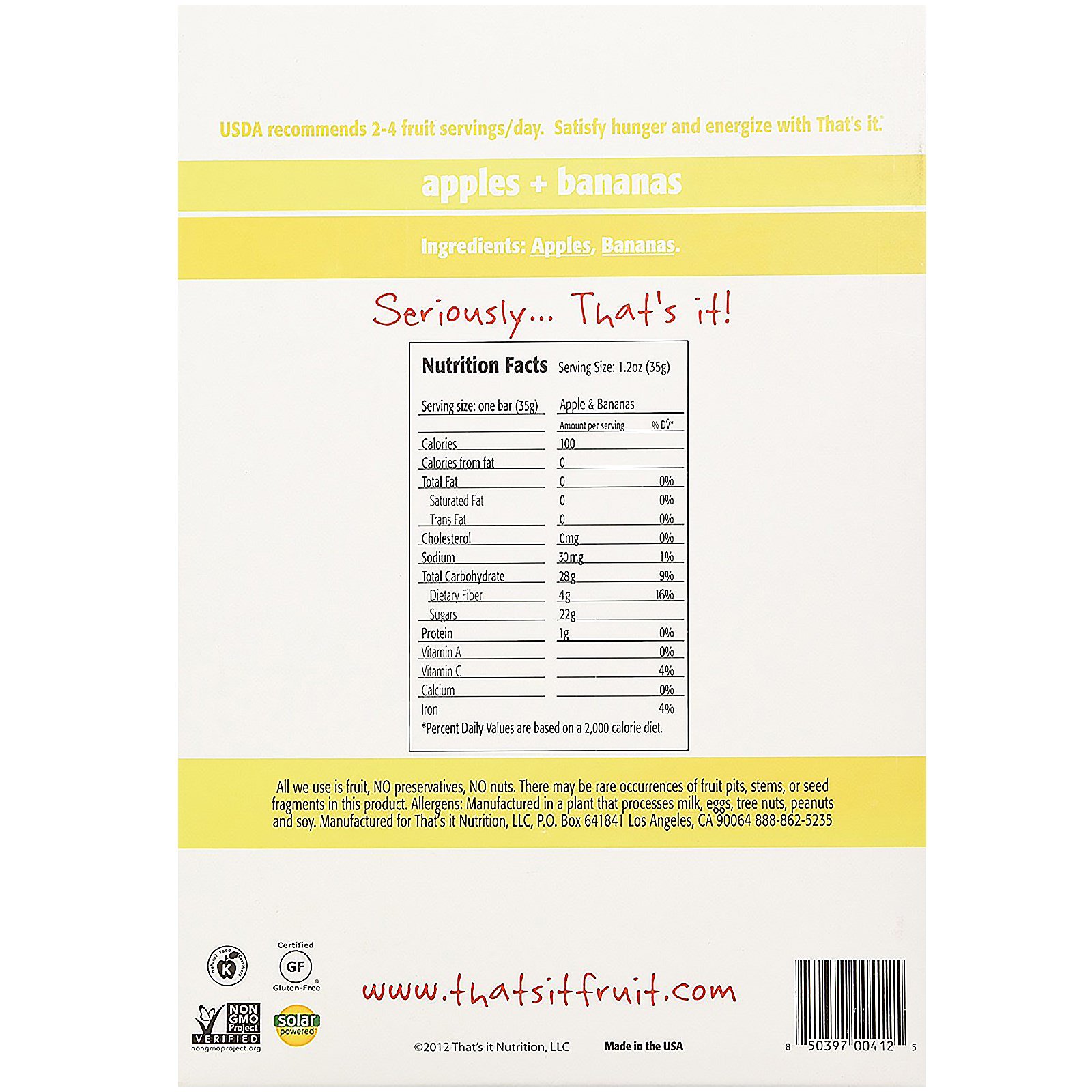 That's It, Barras de Frutas, Maçãs + Bananas, 12 Barras, 1,2 onças (420 g) cada - Imagem 2