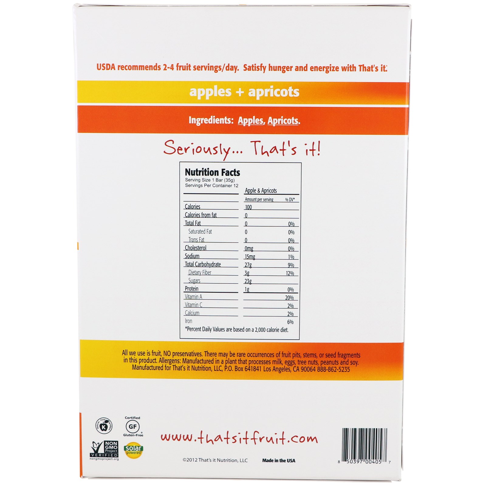 That's It, Barras de Frutas, Maçãs + Damascos, 12 Barras, 1,2 onças (420 g) cada - Imagem 2