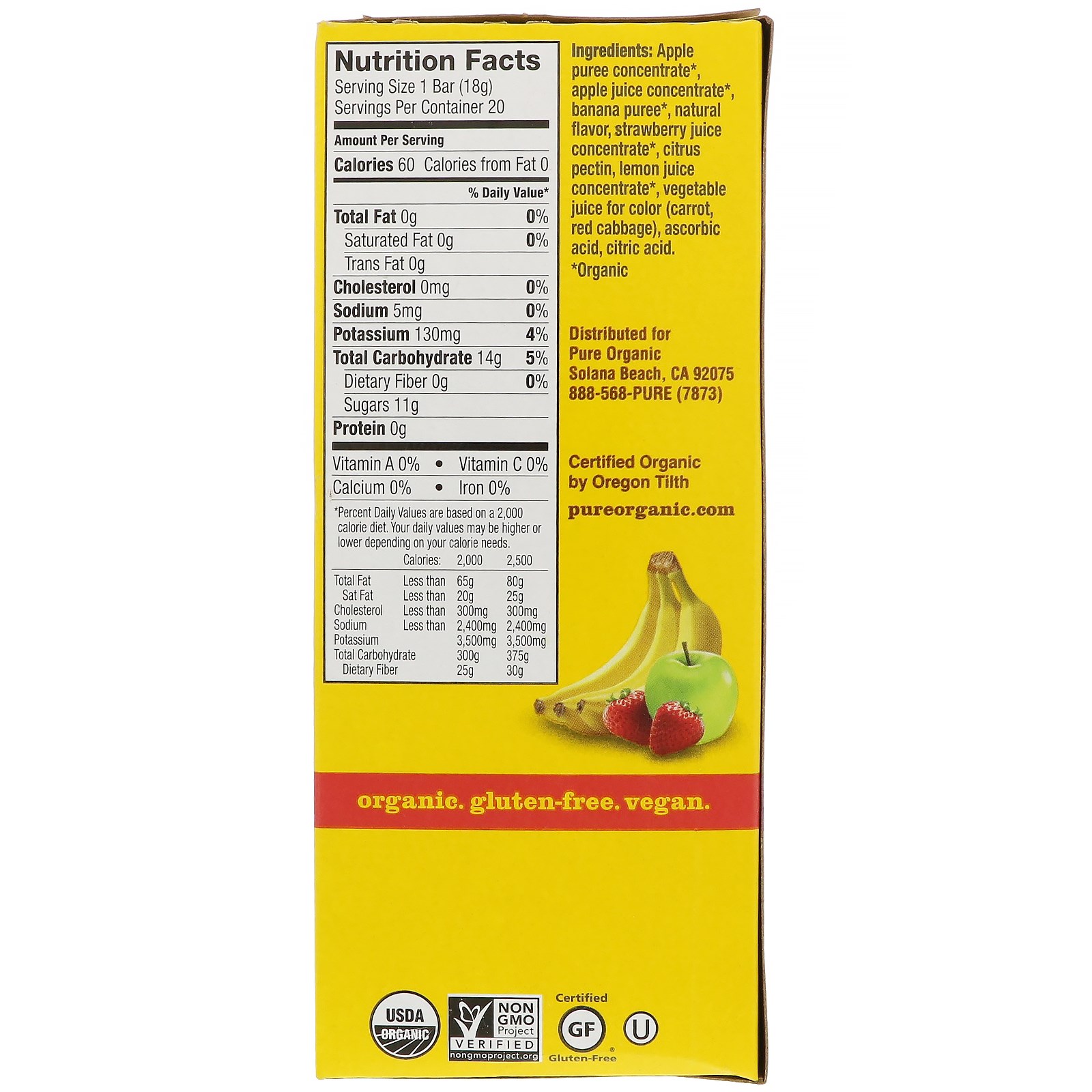 Pure Bar, Orgânico, Barras de Fruta em Camadas, Morango e Banana, 20 Barras, 18 g Cada - Imagem 2