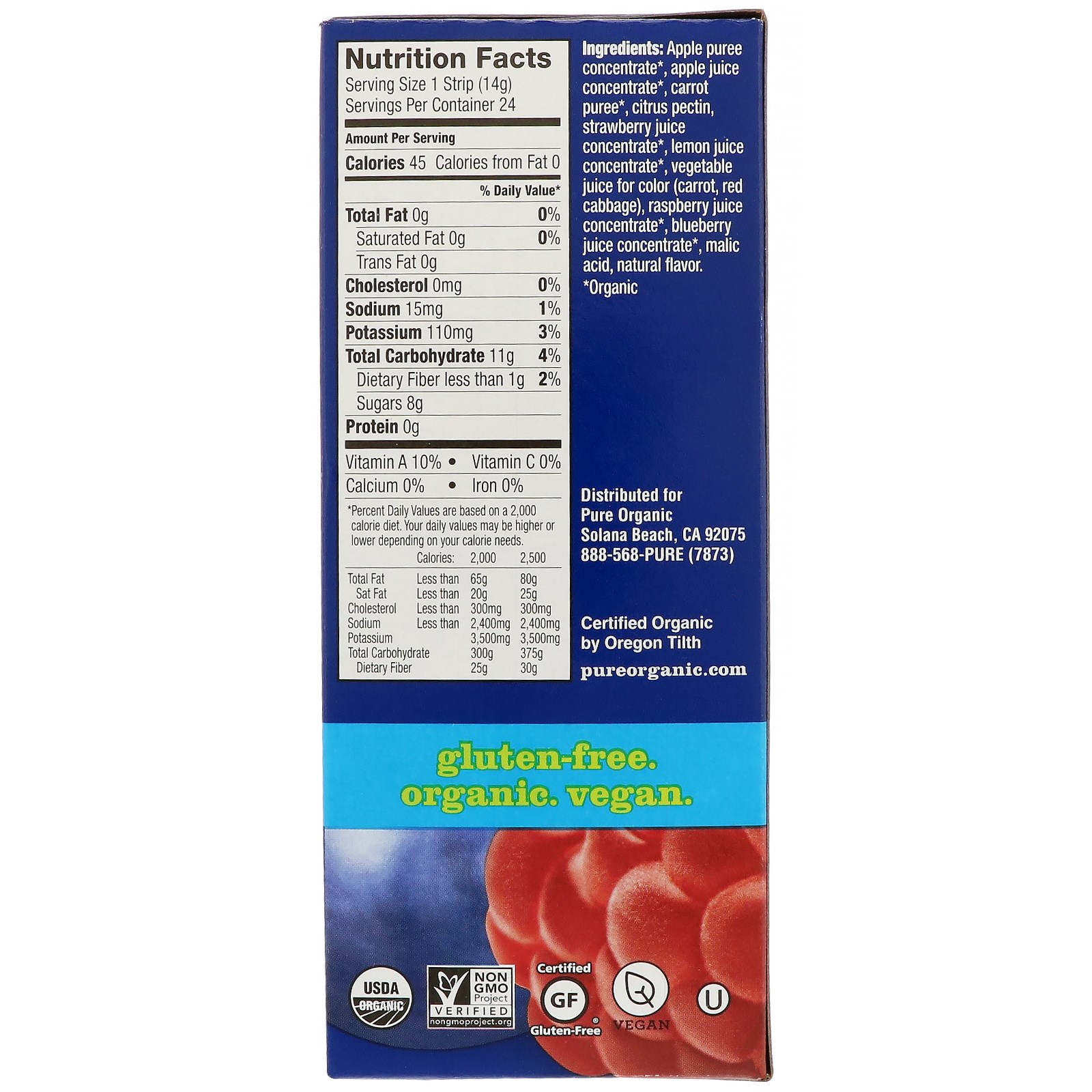 Pure Bar, Orgânica, Tirinha de Frutas e Vegetais, Frutas Vermelhas e Maçã, 24 Tirinhas, 0,49 oz (14 g) Cada - Imagem 2