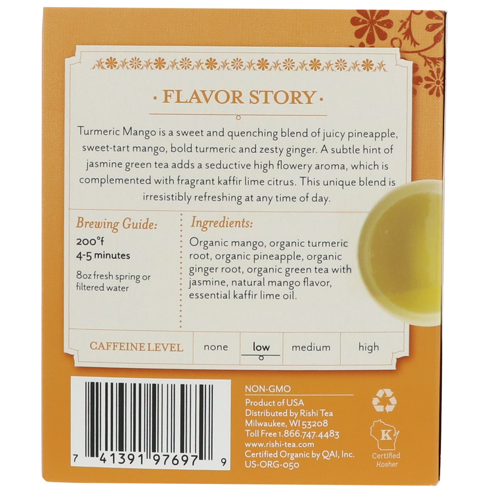 Rishi Tea, Chá herbal orgânico, Açafrão - Manga, 15 saquinhos, 2.01 oz (57 g) - Imagem 2