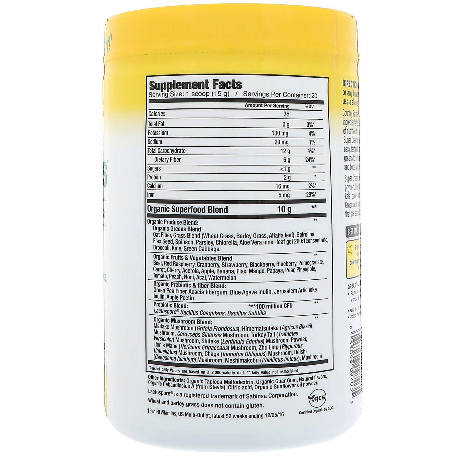 Country Farms, Super Greens, Certified Organice Whole Food Formula, Delicious Apple Banana Flavor, 10.6 oz (300 g) - Imagem 2